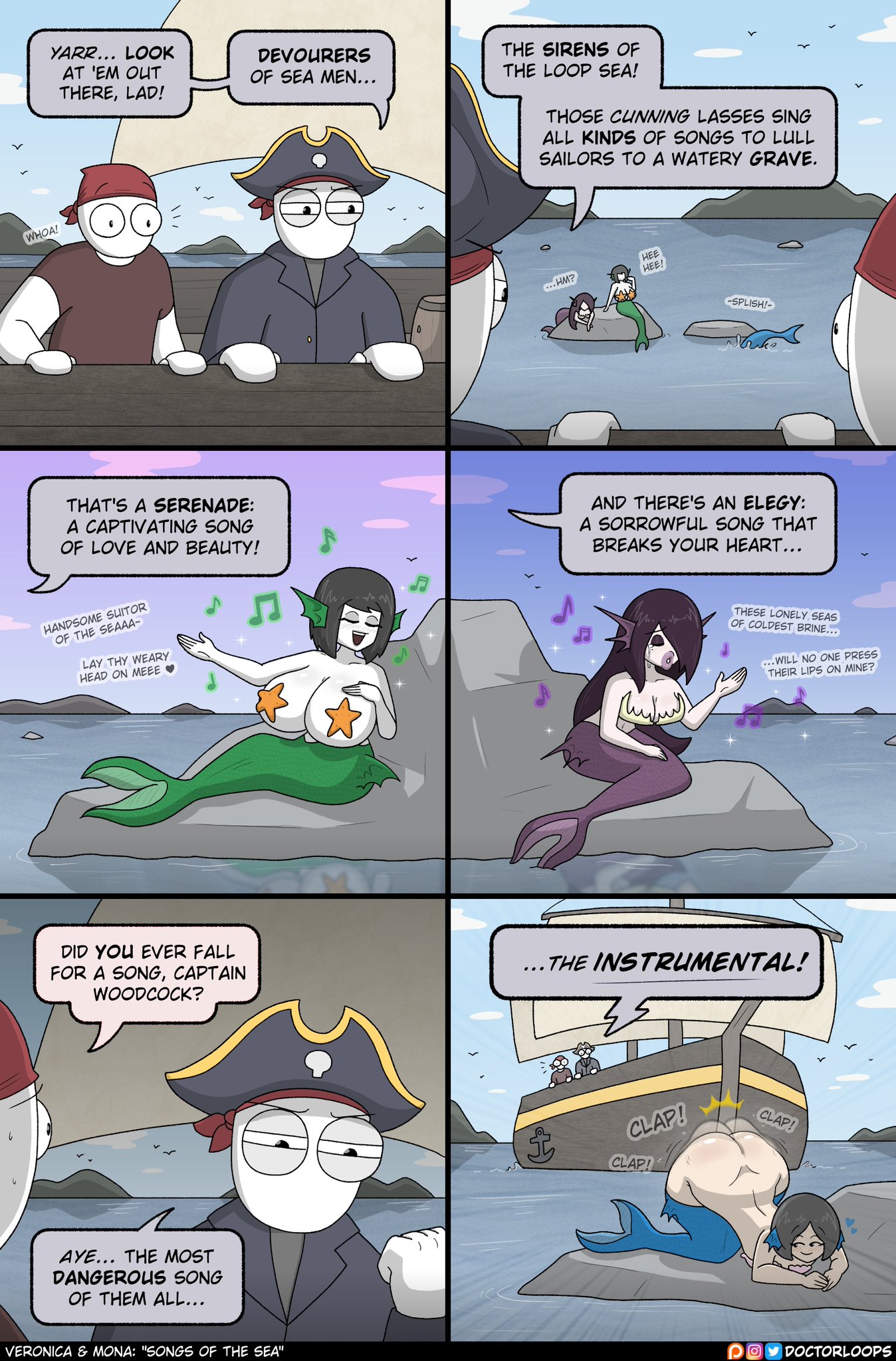2boys, 3girls, ass, ass clapping, black hair, breasts, breasts bigger than head, bubble butt, clapping cheeks, comedic, comic, dialogue, doctorloops, dumptruck ass, female, fin ears, grey hair, huge breasts, large ass, large breasts, layla (doctorloops), long hair, male, mermaid, mermaid tail, mona (doctorloops), ocean, pale skin, pale-skinned female, pirate, plump lips, purple hair, shoulder length hair, singing, spankable ass, speech bubble, starfish on nipples, throwing it back, twerking, veronica (doctorloops), veronica and mona, white skin, white skinned female, white skinned male