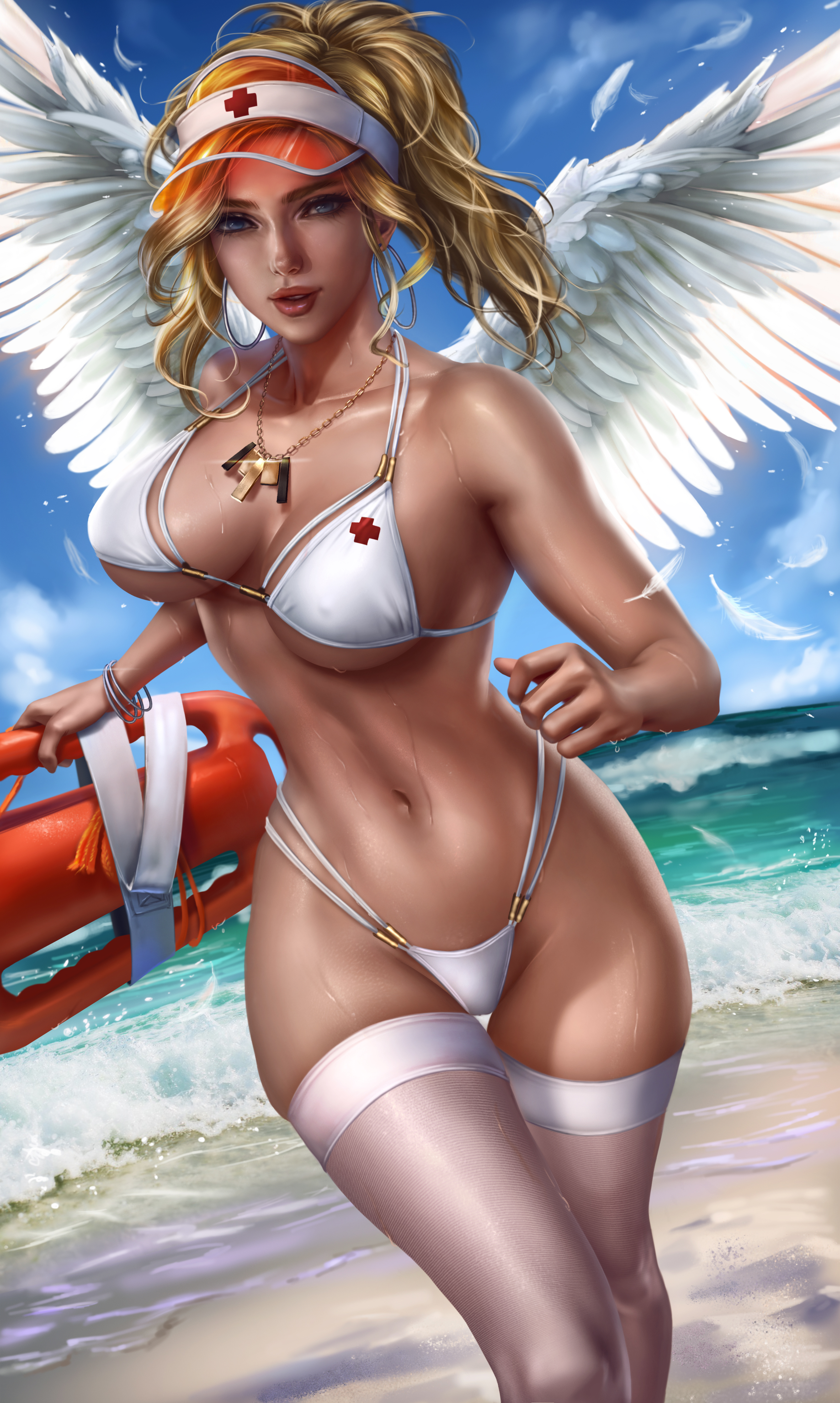 alternate costume, angel wings, areolae, beach, big breasts, bikini, blizzard entertainment, blonde hair, blue eyes, blue sky, bouncing breasts, bracelet, breasts, breasts apart, cap, cloud, cowboy shot, day, earrings, erect nipples, feathers, female, female only, high ponytail, highres, hips, hoop earrings, jewelry, large breasts, lifeguard, lips, logan cure, long hair, looking at viewer, mercy, necklace, nipple bulge, nipples, ocean, outdoors, overwatch, pendant, ponytail, red cross, running, sand, shiny, shiny skin, skin tight, skindentation, sky, smile, solo, solo female, spread wings, standing, stockings, sweat, swimsuit, thigh gap, thighhighs, thighs, thong, thong bikini, tied hair, toned, visor cap, water, wavy hair, wet, whistle, white bikini, white feathers, white panties, white stockings, white thong, wide hips, wings