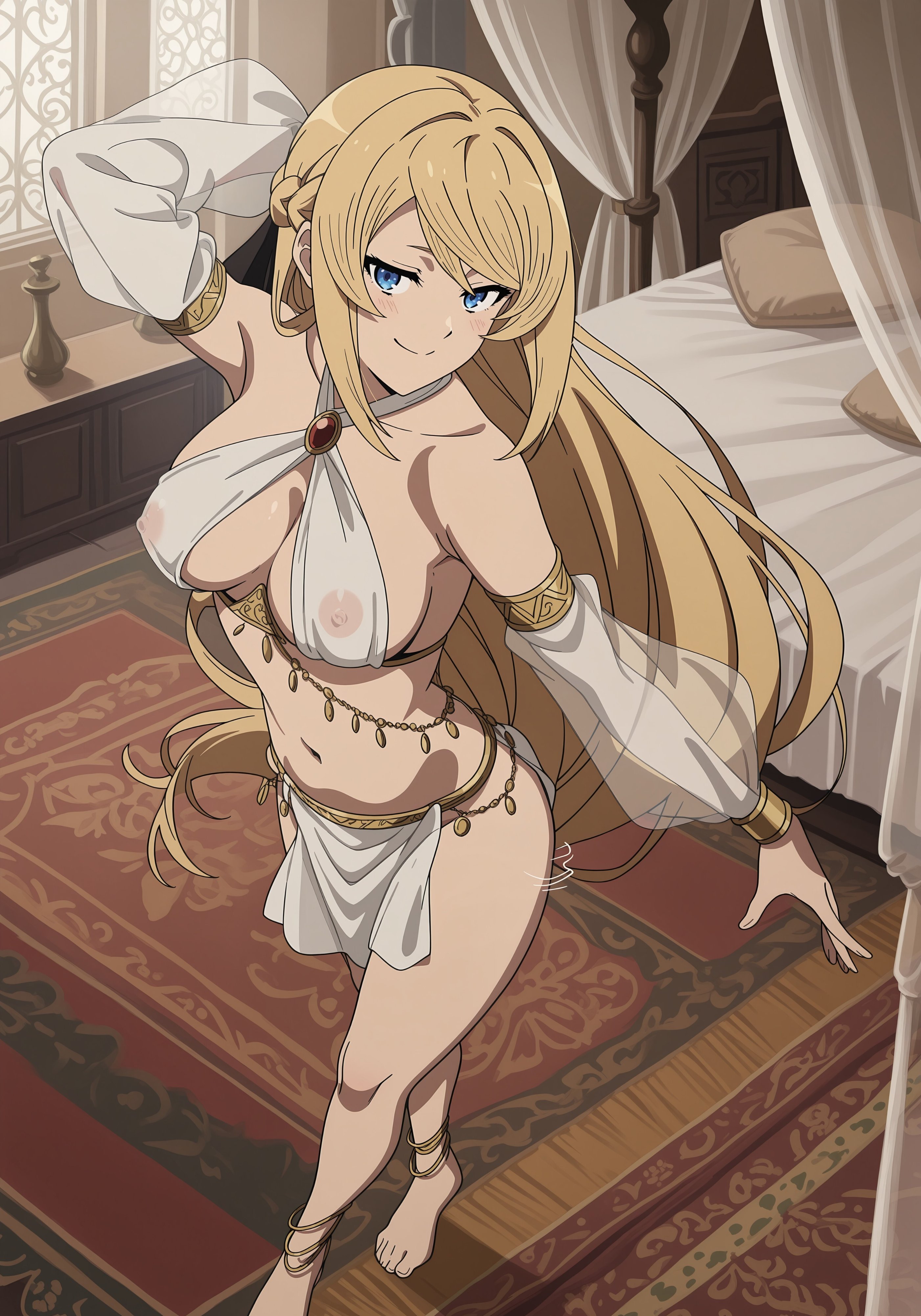 1girl, 1girls, ai generated, anklet, ariel anemoi asura, arm up, bangs, bare shoulders, barefoot, bed, blonde hair, blue eyes, bracelet, braid, breasts, choker, cleavage, closed mouth, covered nipples, dancer, detached sleeves, elf, female, female only, harem outfit, indoors, jewelry, large breasts, long hair, long sleeves, looking at viewer, midriff, mushoku tensei, navel, pelvic curtain, phibsai, pointy ears, revealing clothes, see-through, smile, solo, standing, very long hair