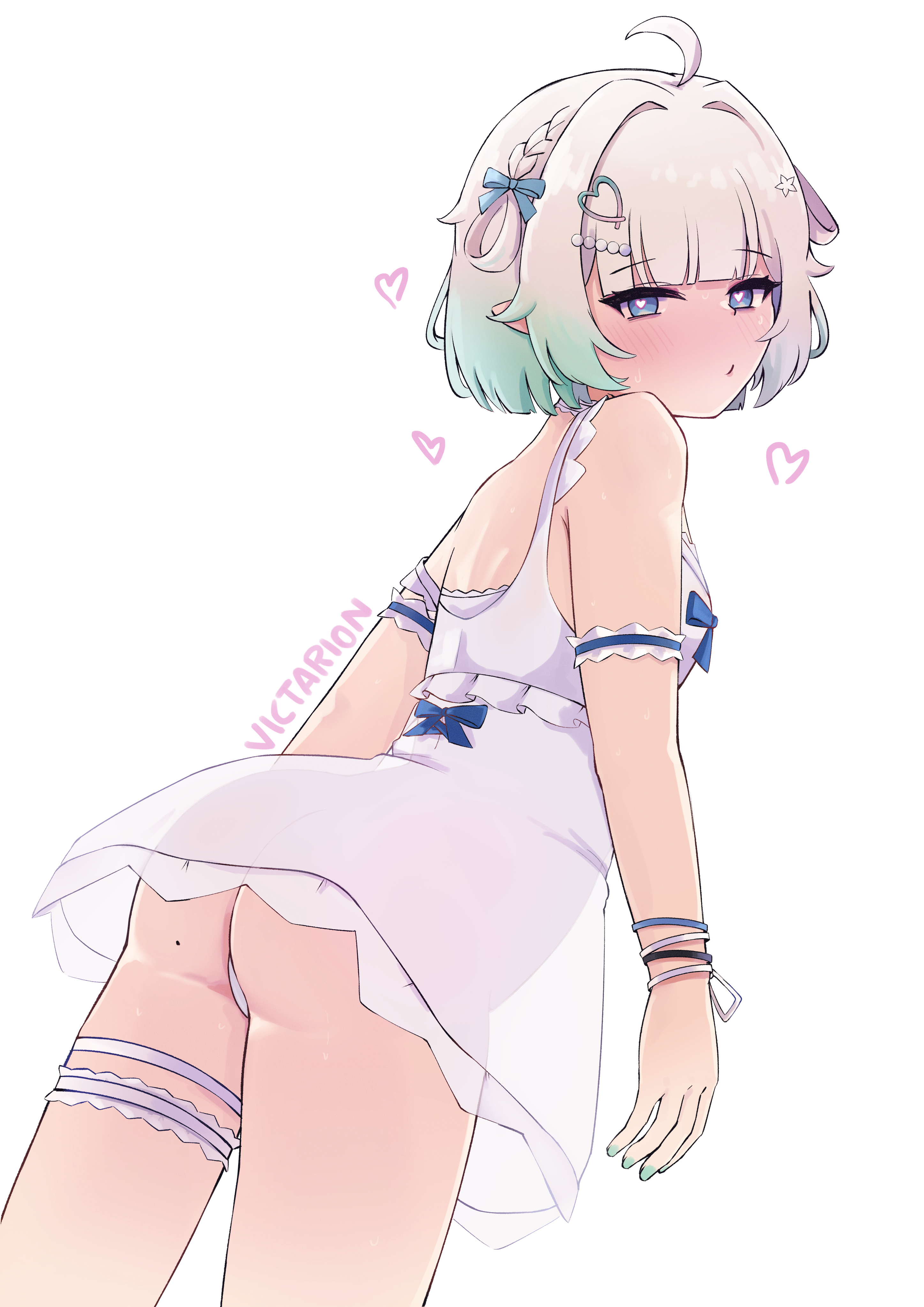 1girls, absurd res, ahoge, ass, blue eyes, blush, breasts, commentary, densetsu.exe, dress, english commentary, female, from behind, from side, green hair, green nails, hair ornament, heart, heart hair ornament, heart-shaped pupils, highres, indie virtual youtuber, looking at viewer, looking back, mint fantome, mint fantome (summer), mole, mole on ass, pointy ears, see-through clothes, short hair, signature, simple background, small breasts, solo, sundress, sweat, symbol-shaped pupils, thigh strap, victarionsc, virtual youtuber, white background, white hair