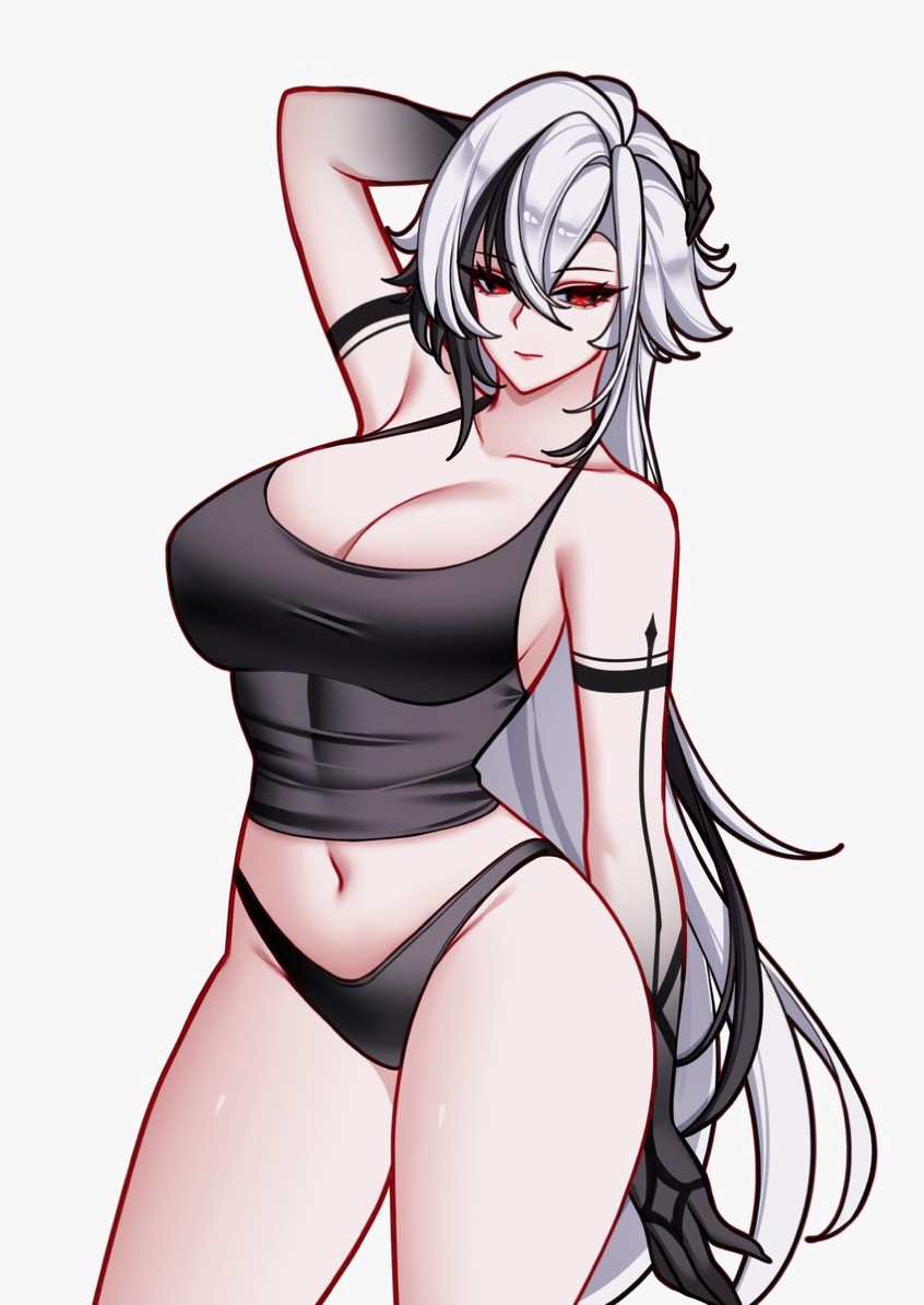 arlecchino (genshin impact), belly button, big breasts, charlie purrito, cleavage, curves, genshin impact, panties, sports bra, sports panties, thighs