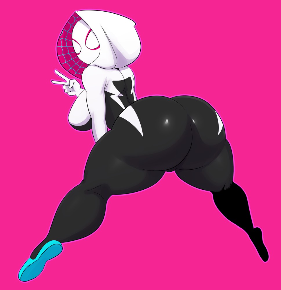 1girls, ass, ass focus, back view, big ass, big breasts, bodysuit, breasts, female, female only, gwen stacy, huge ass, huge breasts, looking at viewer, marvel, marvel comics, mask, masked, masked female, sideboob, solo, spider-gwen, spider-man (series), sssonic2