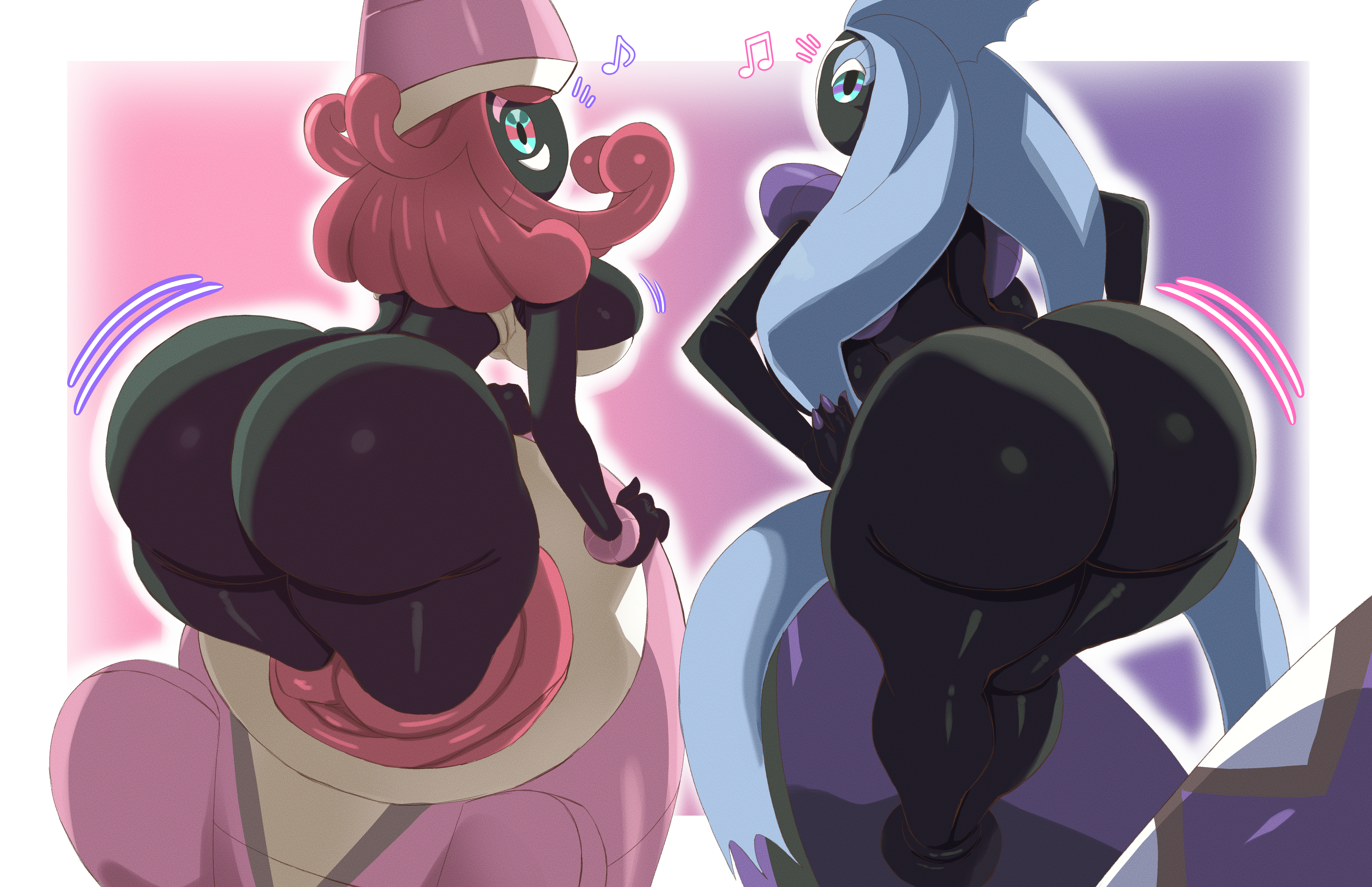 2girls, ass, ass focus, big ass, big breasts, black body, blue hair, bottom heavy, breasts, bubble butt, busty, charge sol, fat ass, female, female only, gluteal fold, huge ass, large ass, large breasts, legendary pokemon, looking at viewer, looking back, massive ass, mooning, pink hair, png, pokemon, pokemon (species), presenting, presenting hindquarters, take your pick, tapu fini, tapu lele, thick ass, thick thighs, thunder thighs, wide hips