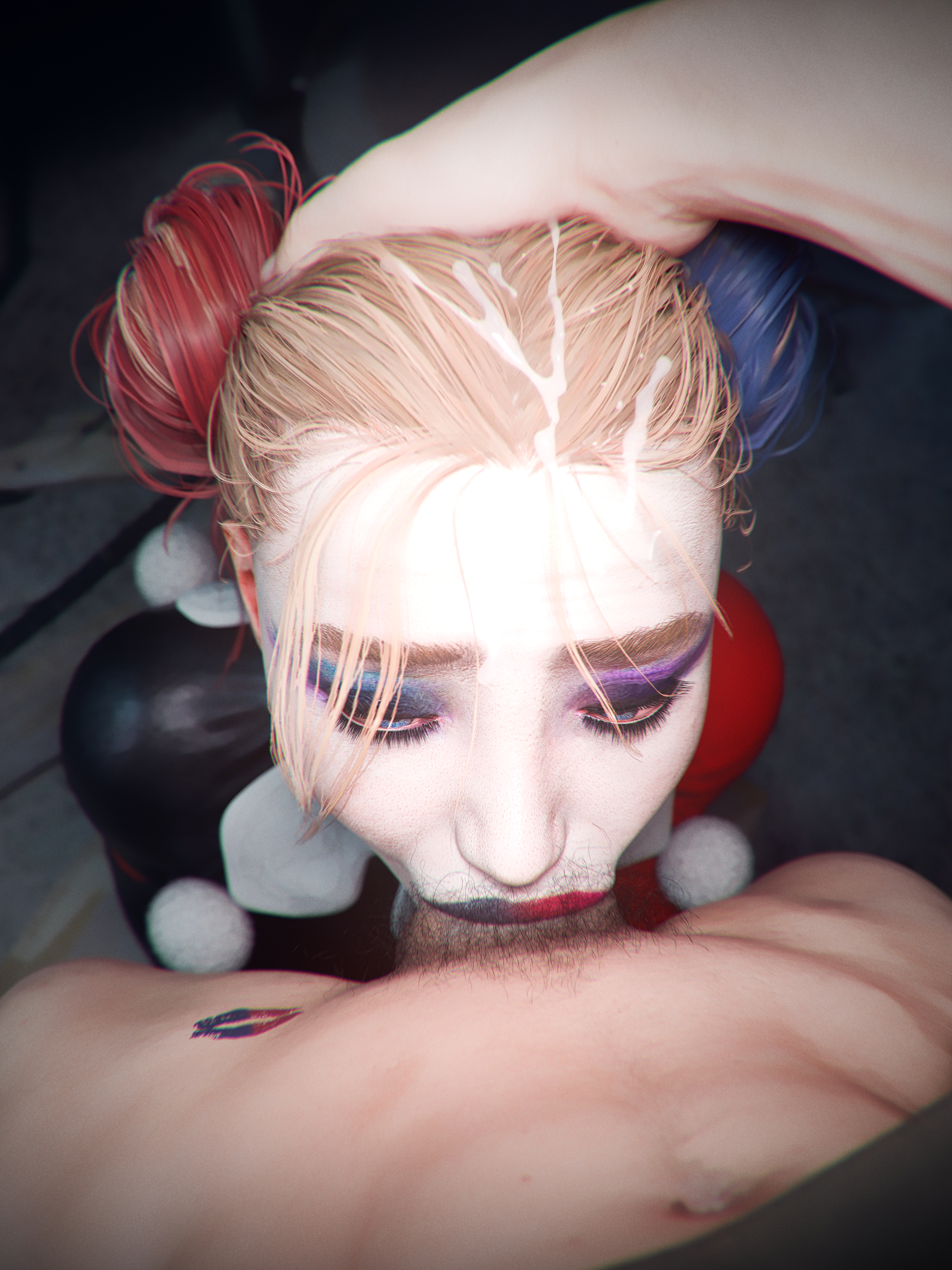 1boy, 1girls, 2025, 3d, batman (series), blonde hair, blowjob, blowjob face, blue eyes, blue streak, bottomless, bottomless male, checkpik, clothed, clothed female, clown collar, cum, cum on face, cum on hair, cum on head, dc, dc comics, deepthroat, deepthroat no hands, detailed background, duo, dyed hair, eyeshadow, fellatio, female, female penetrated, foreskin, full body suit, full face blush, hairy male, hands-free blowjob, harley quinn, harley quinn (classic), harley quinn (suicide squad game), heavy makeup, image set, indoors, kneeling, kneeling on ground, lipstick, lipstick mark, lipstick mark on penis, lipstick marks, long hair, looking at viewer, male, male/female, open smile, oral, oral sex, ox horns, penis, penis on face, red streak, retracted foreskin, semi pov, skintight, skintight bodysuit, smile, straight, straight sex, suicide squad, suicide squad: kill the justice league, sunken cheeks, teeth showing, tied hair, two-tone eyeshadow, two-tone lipstick, uncircumcised, you