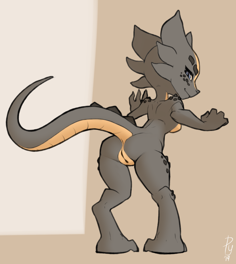 2019 anthro breasts female kobold leaning leaning_forward looking_at_viewer looking_back nude pussy pyriax raised_tail rear_view smile solo