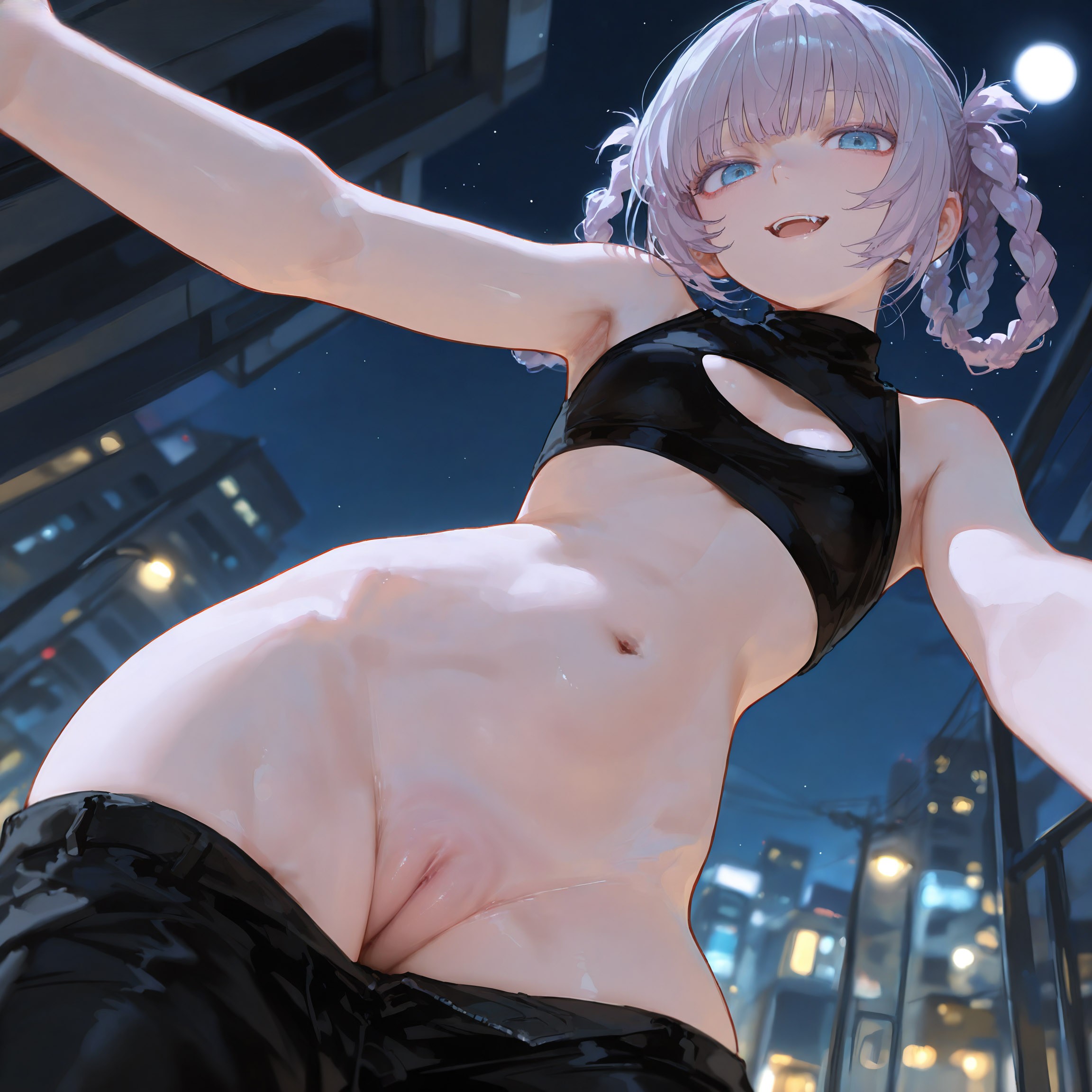 1girls, ai generated, armpits, bangs, blue eyes, call of the night, female, female focus, female only, from below, krowenx, looking at viewer, looking down, nanakusa nazuna, night, no panties, open mouth, outdoors, pants down, pussy, smile, solo, solo female, solo focus, thighs, uncensored