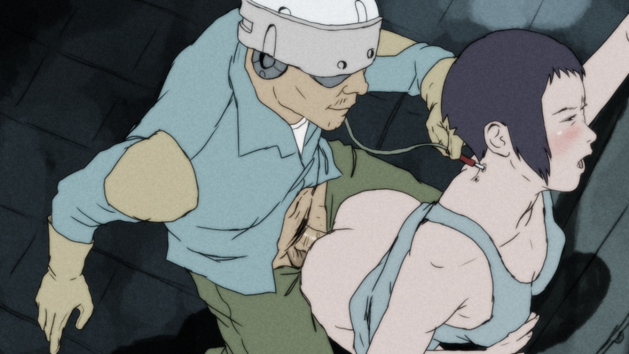 1boy, 1girls, against wall, ass, breasts, cable, closed eyes, clothed sex, cyberpunk, eccentrix, female, from behind, ghost in the shell, ghost in the shell arise, human, human only, kusanagi motoko, light skin, light-skinned female, light-skinned male, male, medium hair, open mouth, penetration, penis, pussy, sex, shirt, short hair, standing sex, straight, taken from behind, tank top, temon, vaginal penetration