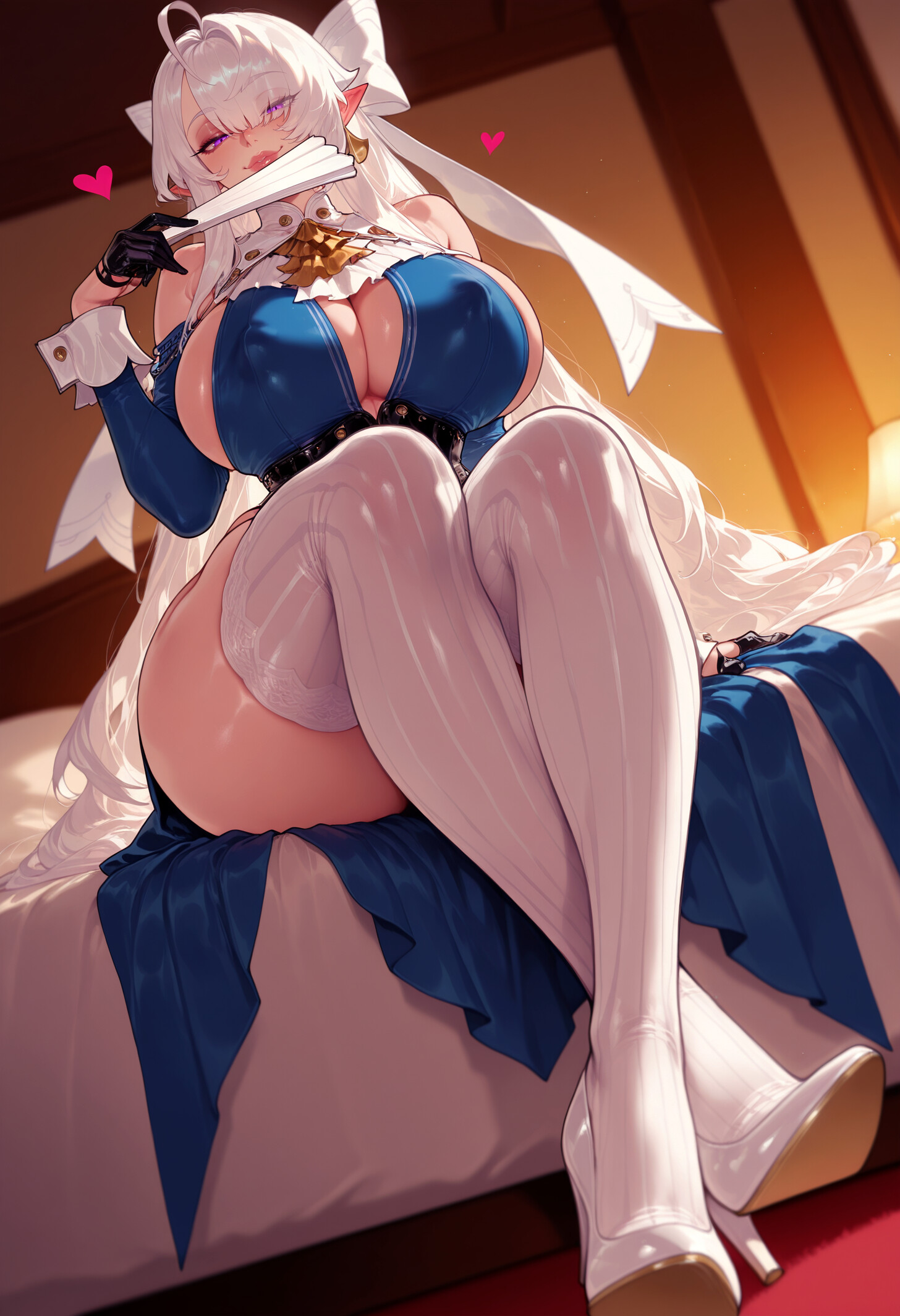 1girl, ai generated, balecxi, bare shoulders, black gloves, cleavage, covered nipples, crossed legs, earrings, elf, folding fan, hand fan, heart, high heels, holding, huge breasts, long hair, looking at viewer, open mouth, pointy ears, purple eyes, sitting, solo, thighs, velina (zenless zone zero), velina airgid, white footwear, white hair, white thighhighs, zenless zone zero