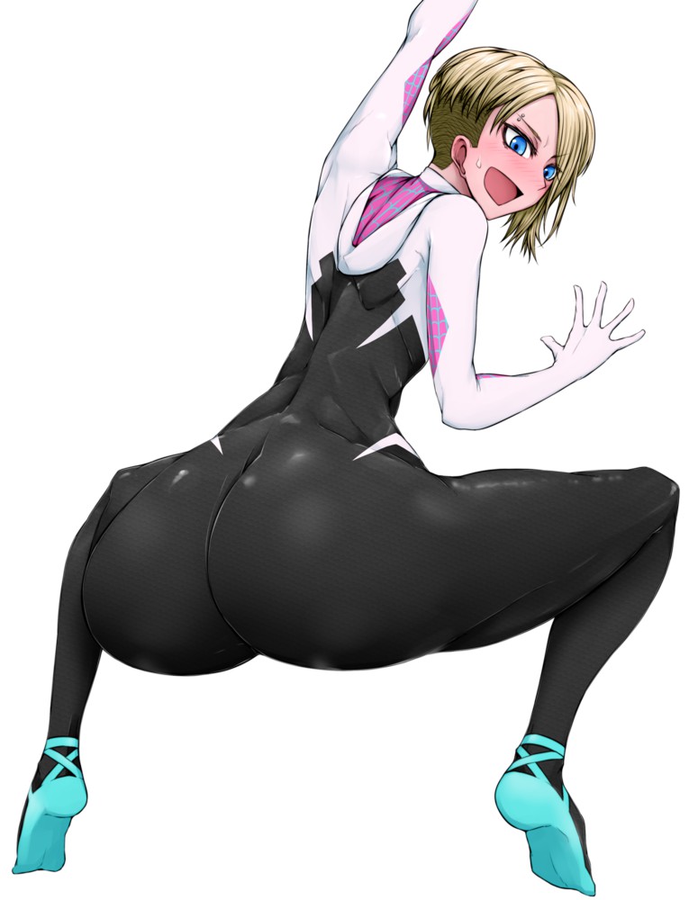 1girls, ass, big ass, blonde hair, eyebrow piercing, female, female only, gwen stacy, gwen stacy (spider-verse), huge ass, marvel, marvel comics, piercings, short hair, solo, spider-gwen, spider-man (series), spider-man: into the spider-verse, unmasked