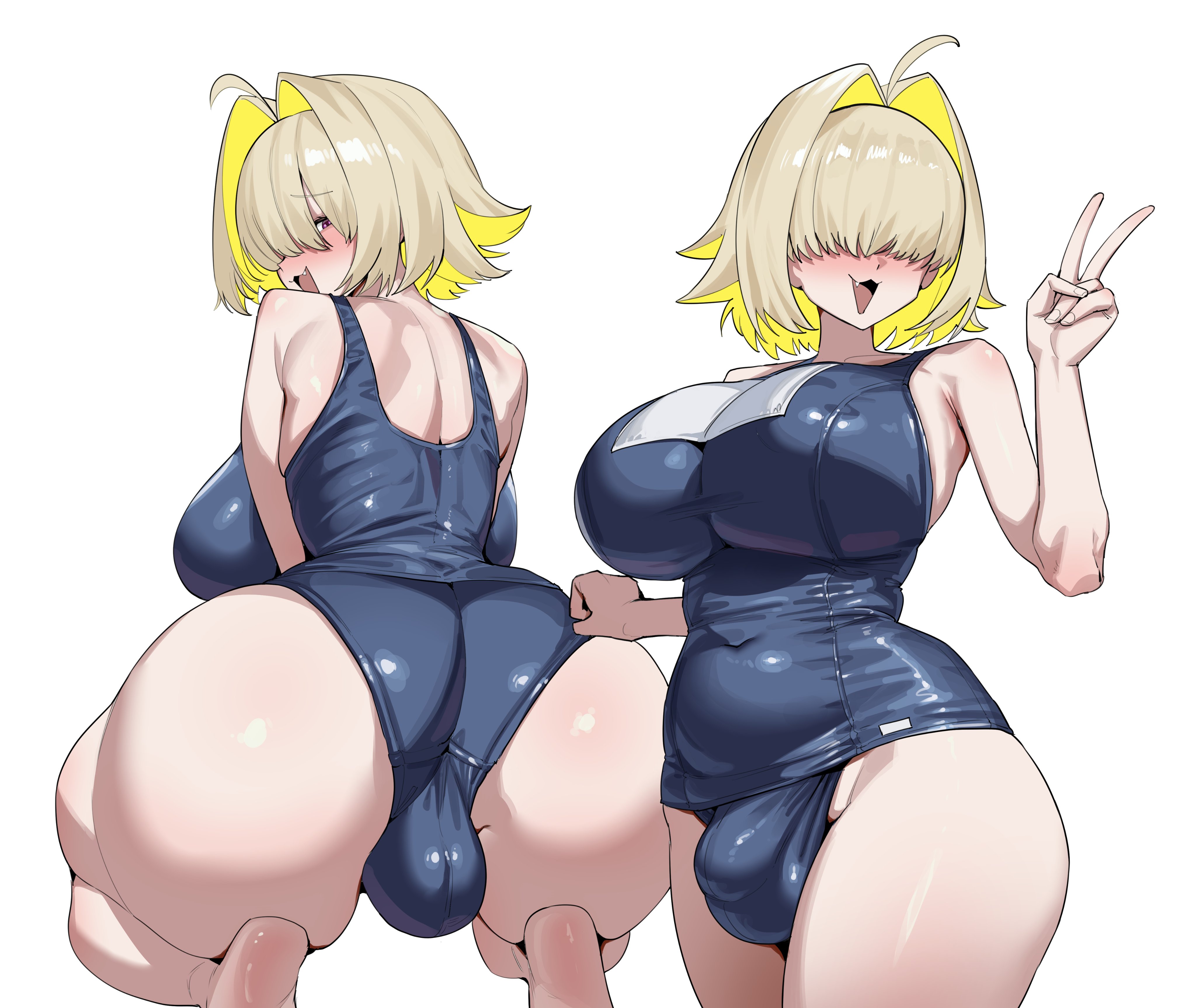 bangs, bangs over eyes, big balls, blonde hair, bulge, bulge through clothing, elegg (nikke), fat ass, futanari, goddess of victory: nikke, hair over eyes, huge breasts, peace sign, school swimsuit, solo, solo futa, swimsuit, wujack
