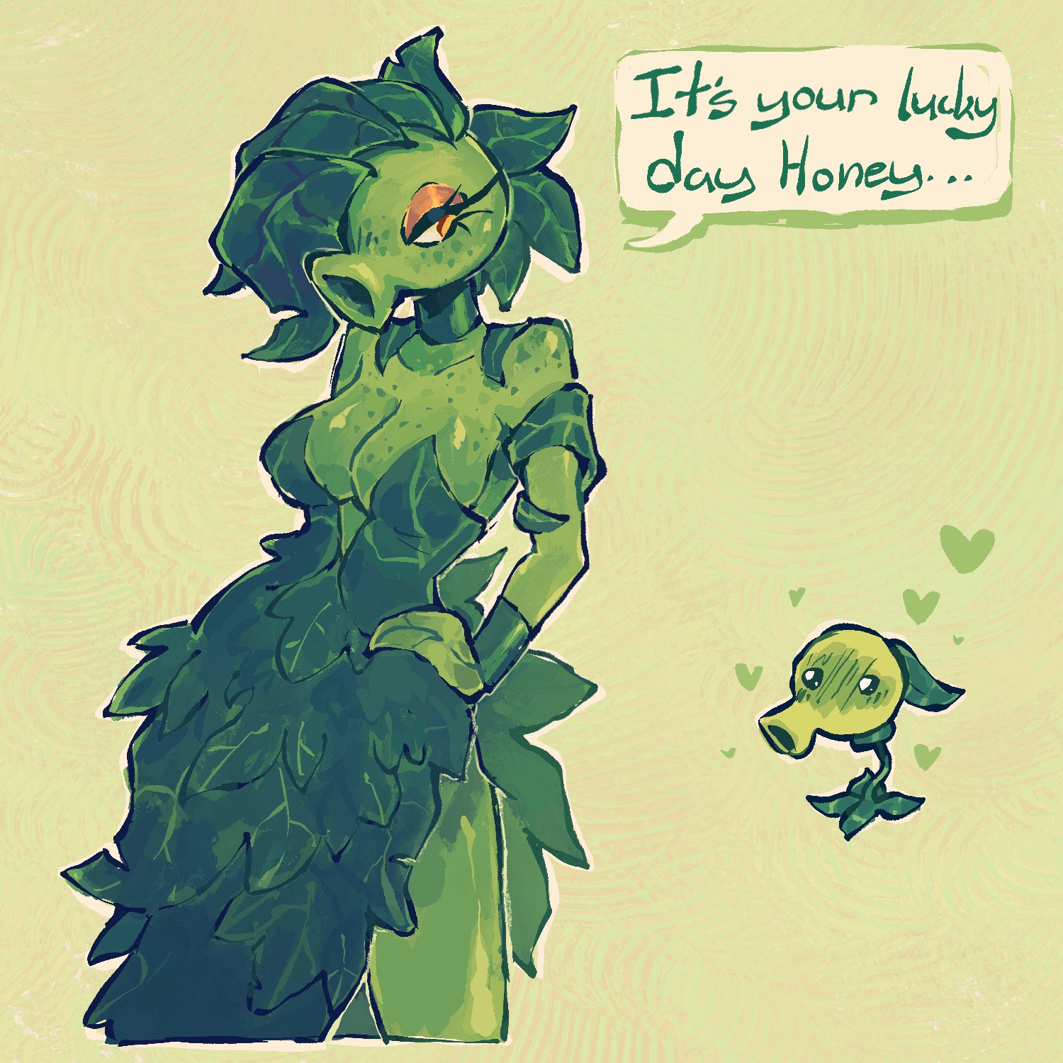 1boy, 2026, anthro, anthro character, breasts, electronic arts, female, flora fauna, freckles, larger female, leaf hair, leafysky22, male, original character, peablaze (leafpaw), peashooter (pvz), plant girl, plant humanoid, plantie, plants vs zombies, popcap, popcap games, pvz, size difference, smaller male, video game, video game character