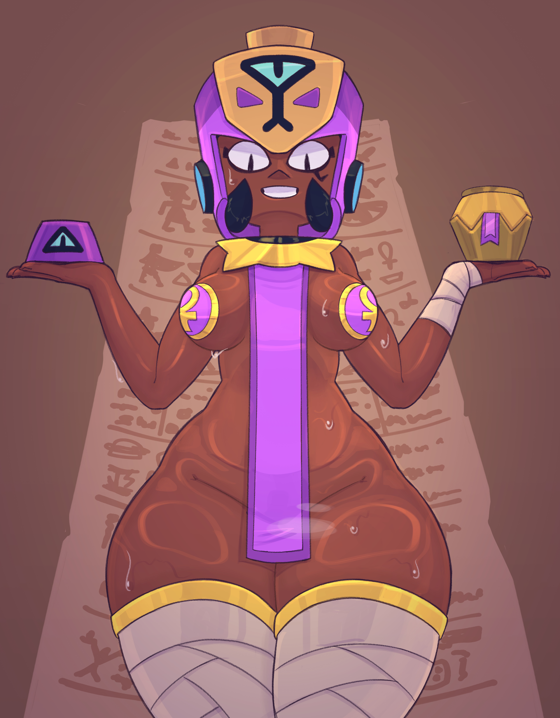 1girls, 2026, bandaged arm, bandaged hand, bandaged leg, bandages, black hair, bottomless, brawl stars, breasts, collar, covered navel, covered nipples, covered pussy, dark skin, dark-skinned female, egyptian, egyptian clothes, egyptian female, female, female focus, female only, gold collar, gold jewelry, holding, holding object, jams draws, jewelry, loincloth, looking at viewer, looking down, makeup, najia (brawl stars), partially clothed, pasties, slim waist, solo, solo female, steam, steaming body, stockings, sweat, sweating, sweaty, sweaty body, sweaty breasts, sweaty thighs, tagme, thick thighs, thighhighs, waist, wide hips