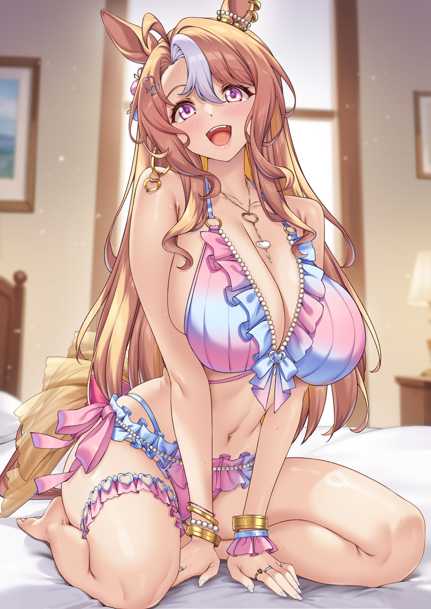 1girl, blonde hair, cleavage, frilled bikini, fusaichi pandora (umamusume), horse ears, horse girl, horse tail, large breasts, long hair, navel, open mouth, pink eyes, shirokuma a, smile, solo, stomach, thighs, umamusume, umamusume pretty derby