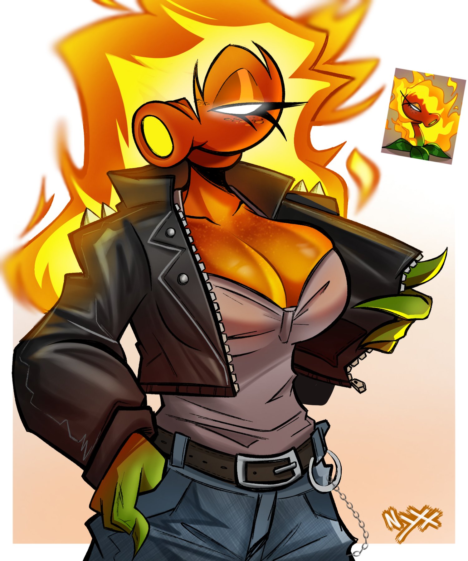 anthro, anthro character, breasts, electronic arts, female, fire peashooter (pvz), flora fauna, freckles, leaf hair, original character, peablaze (leafpaw), peashooter (pvz), plant girl, plant humanoid, plantie, plants vs zombies, popcap, popcap games, pvz, tagme (artist), video game, video game character