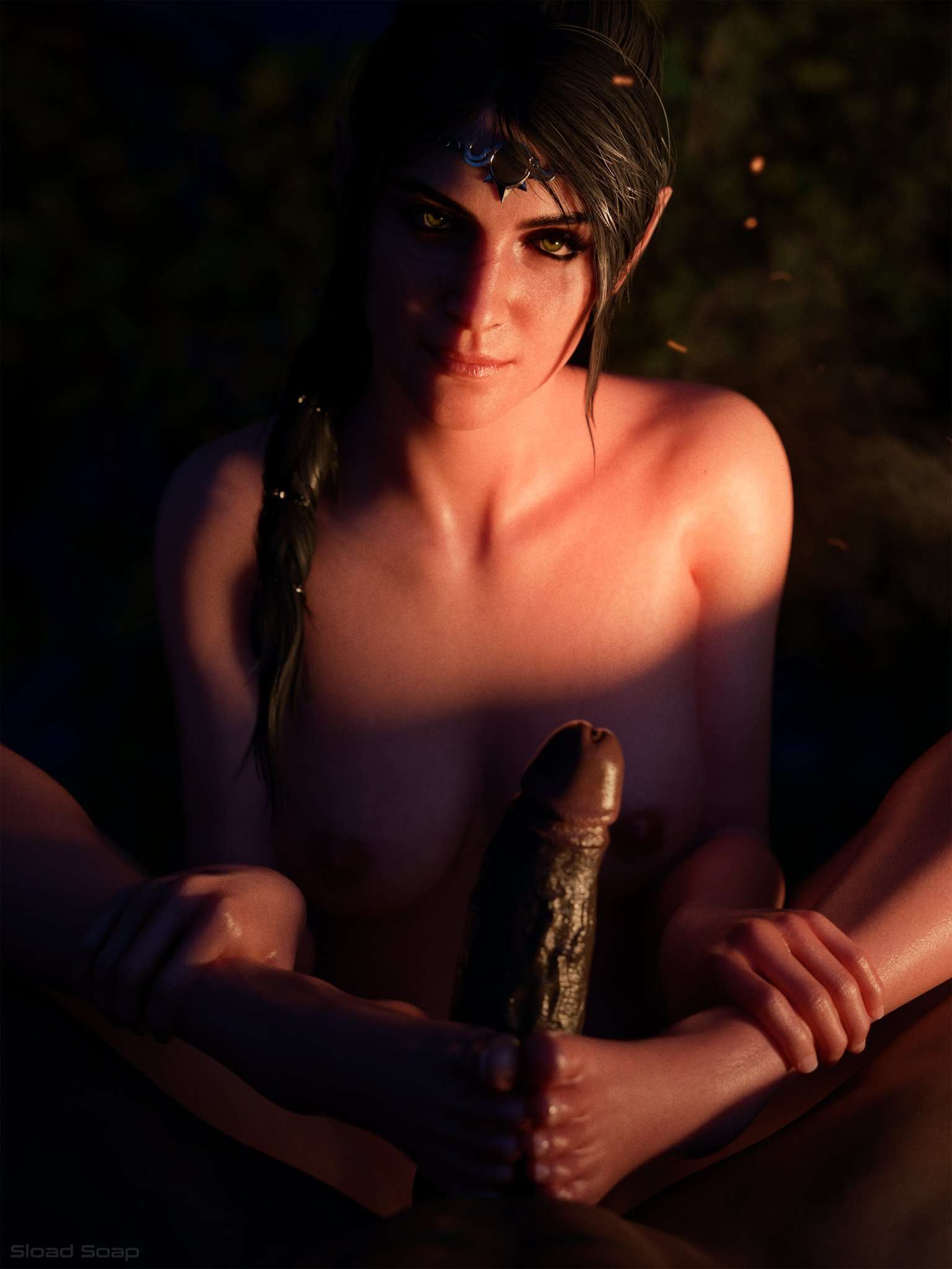 1boy, 1girls, 3d, 3d render, baldur's gate 3, barefoot, big penis, black hair, braided hair, dark-skinned male, elf female, feet, foot fetish, footjob, green eyes, interracial, male pov, pointy ears, pov eye contact, scar, shadowheart, sload soap, small breasts, soles, straight, veiny penis