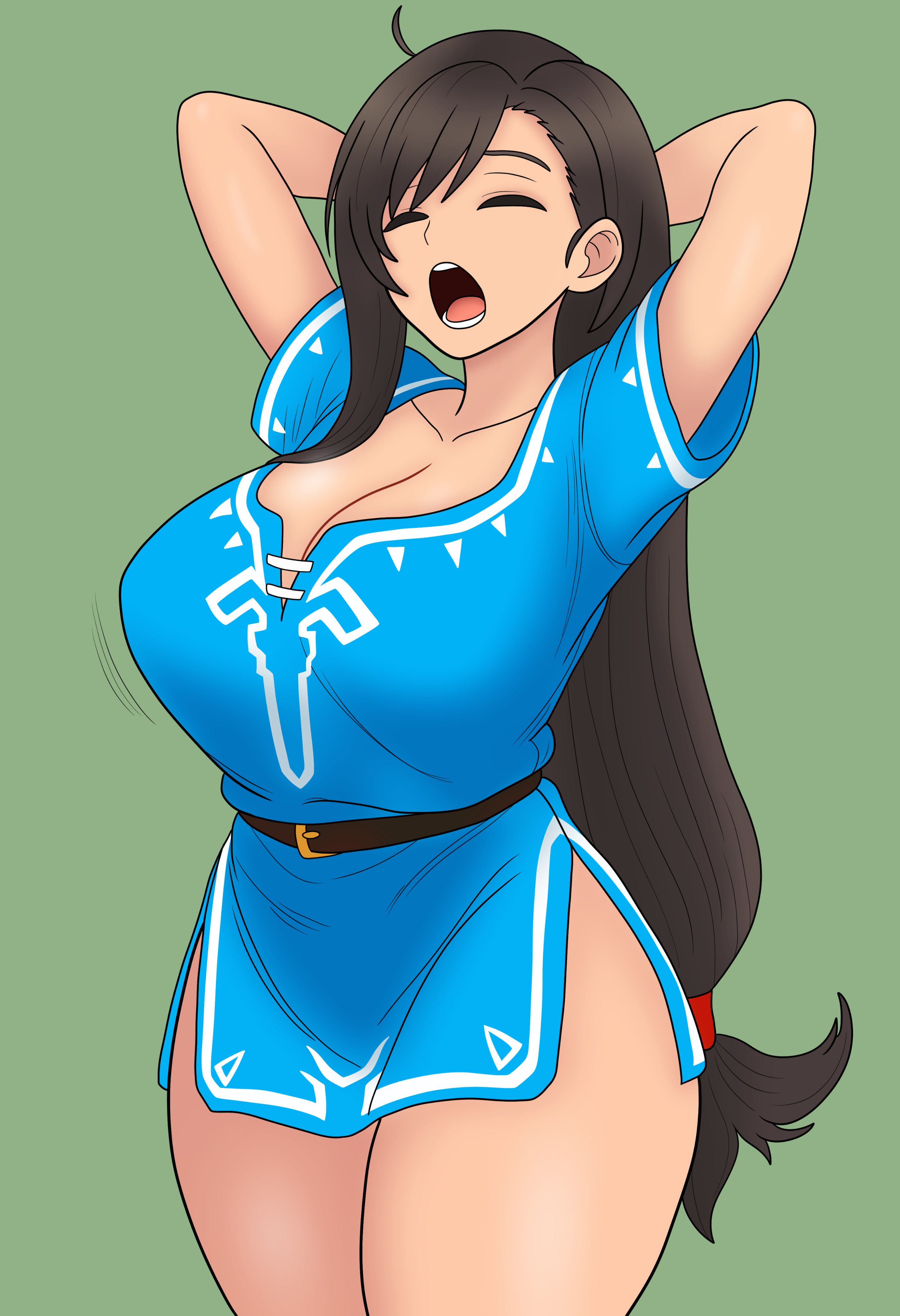 1girl, absurdres, ahoge, alternate costume, aqua tunic, arms behind head, belt, bojack198, breasts, champion's tunic (zelda), cleavage, commentary, cowboy shot, english commentary, final fantasy, final fantasy vii, green background, highres, large breasts, long hair, low-tied long hair, nintendo, open mouth, simple background, solo, standing, teeth, the legend of zelda, the legend of zelda: breath of the wild, tifa lockhart, tunic, very long hair, yawning