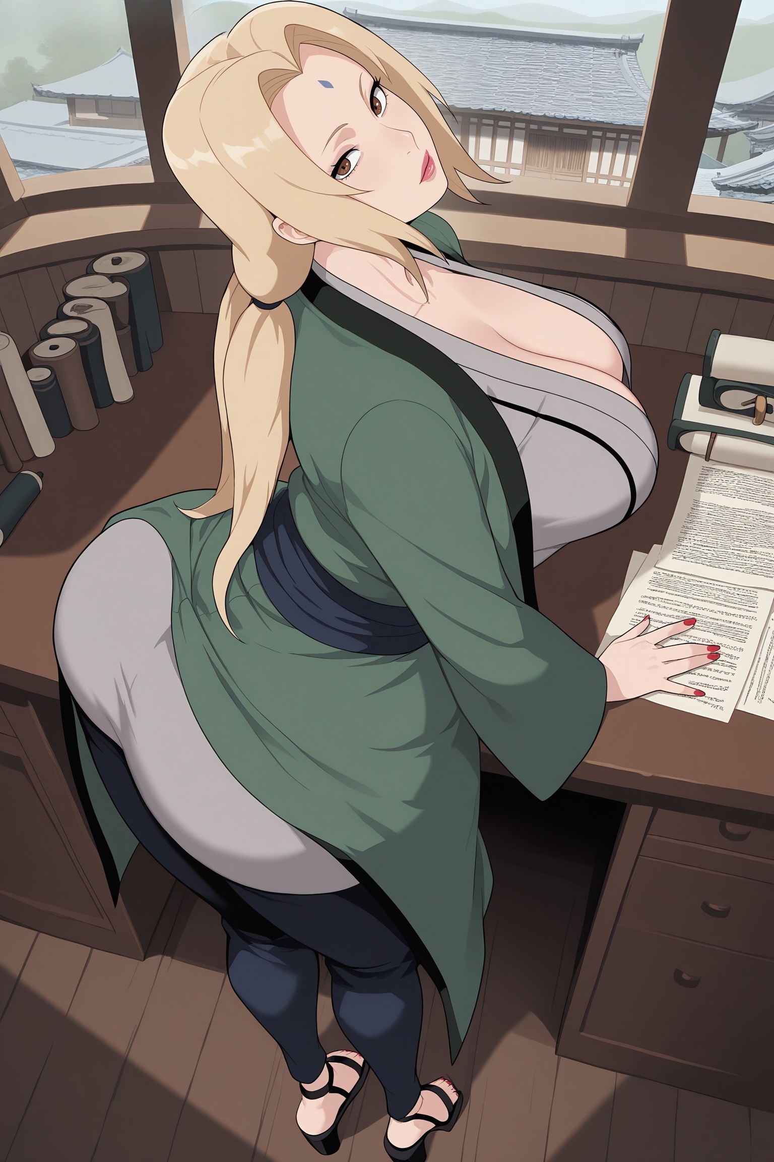 1girl, 1girls, ai generated, blonde hair, breasts, brown eyes, cleavage, female, female only, forehead mark, hi res, high quality, high resolution, indoors, japanese clothes, kimono, kiraamane, large breasts, lips, long hair, looking at viewer, nail polish, naruto, patreon, sandals, sash, seductive, sexy, solo, tsunade, uncensored, wooden floor