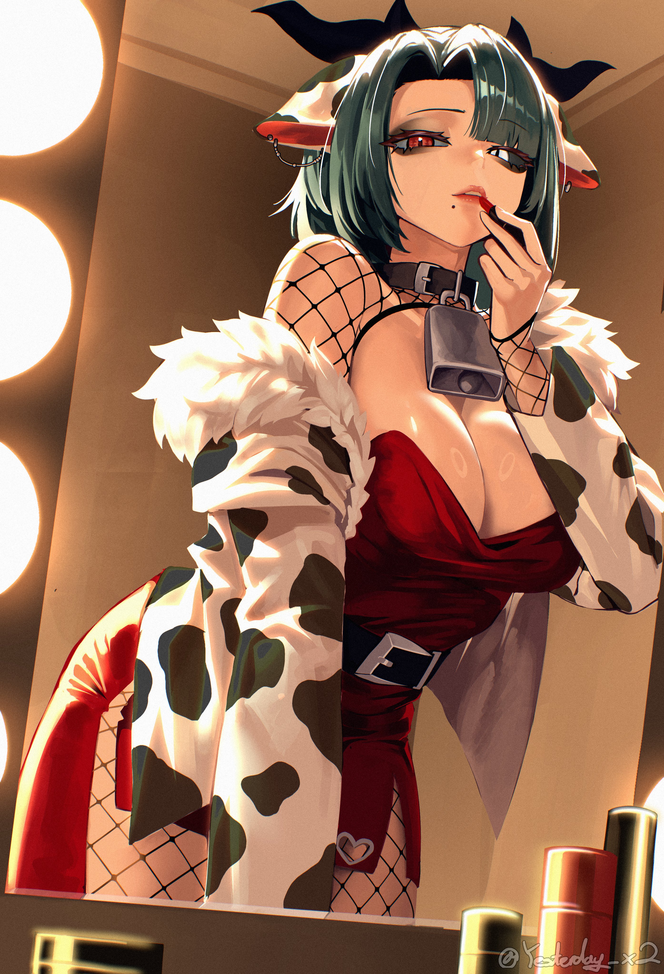 1girl, 1girls, absurdres, animal ears, animal print, bell, black sclera, breasts, cleavage, colored sclera, commentary, cow ears, cow girl, cow horns, cow print, cow print jacket, cowbell, crelly, dress, english commentary, female, female only, fishnet top, fishnets, green hair, grey sclera, heterochromia, highres, horns, indie virtual youtuber, jacket, large breasts, lipstick, looking at viewer, makeup, mismatched sclera, mole, mole under mouth, print jacket, qwas69, red dress, red eyes, short hair, solo, thighs, virtual youtuber