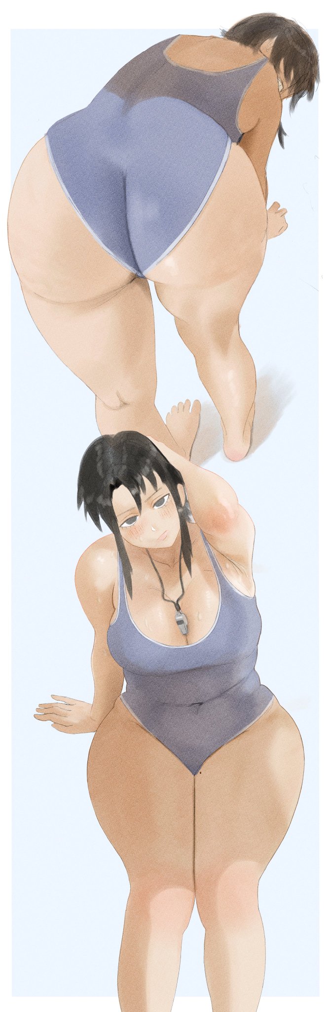1girls, ahsern19552, armpit crease, armpit fetish, armpits, azumanga daiou, black hair, blue swimsuit, curvy, nyamo minamo kurosawa, one-piece swimsuit, plump, solo, teacher, thick thighs, whistle around neck