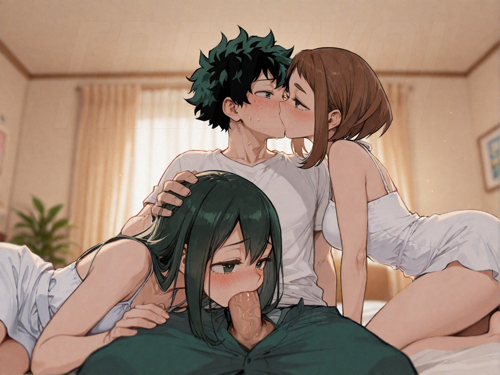 1boy, 2girls, ai generated, blush, breasts, brown hair, deepthroat, dress, fellatio, ffm threesome, frenzyai, green hair, group sex, hand on another's head, hetero, irrumatio, kiss, long hair, midoriya izuku, multiple girls, my hero academia, ochako uraraka, oral, penis, short hair, threesome, tsuyu asui, white dress