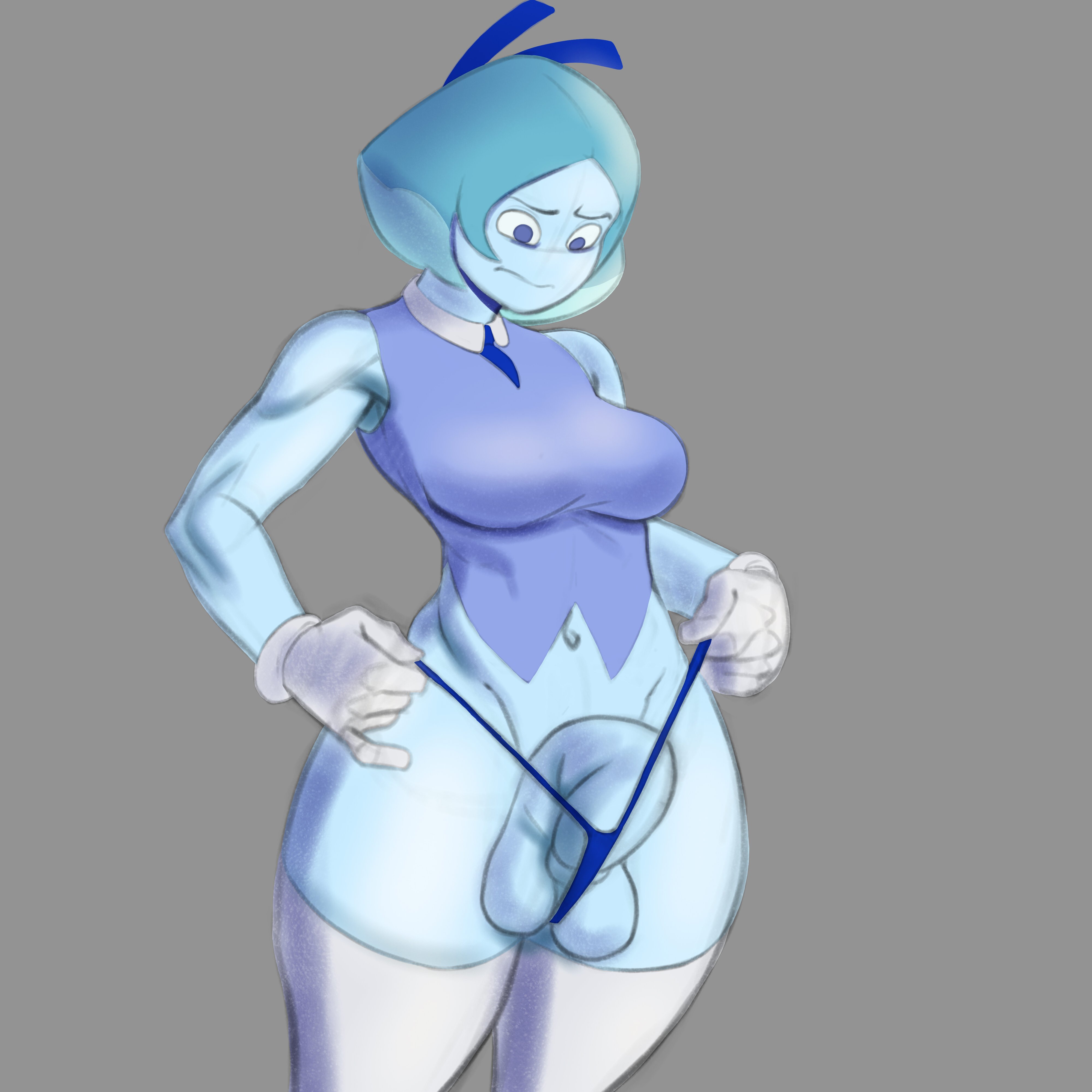 1futa, aquamarine (steven universe), balls, blue skin, cartoon network, cowboy shot, futa only, futanari, gem (species), half-erect, intersex, necktie, onemienix, penis, pulling, short hair, sketch, solo, solo futa, standing, steven universe, testicles, thong