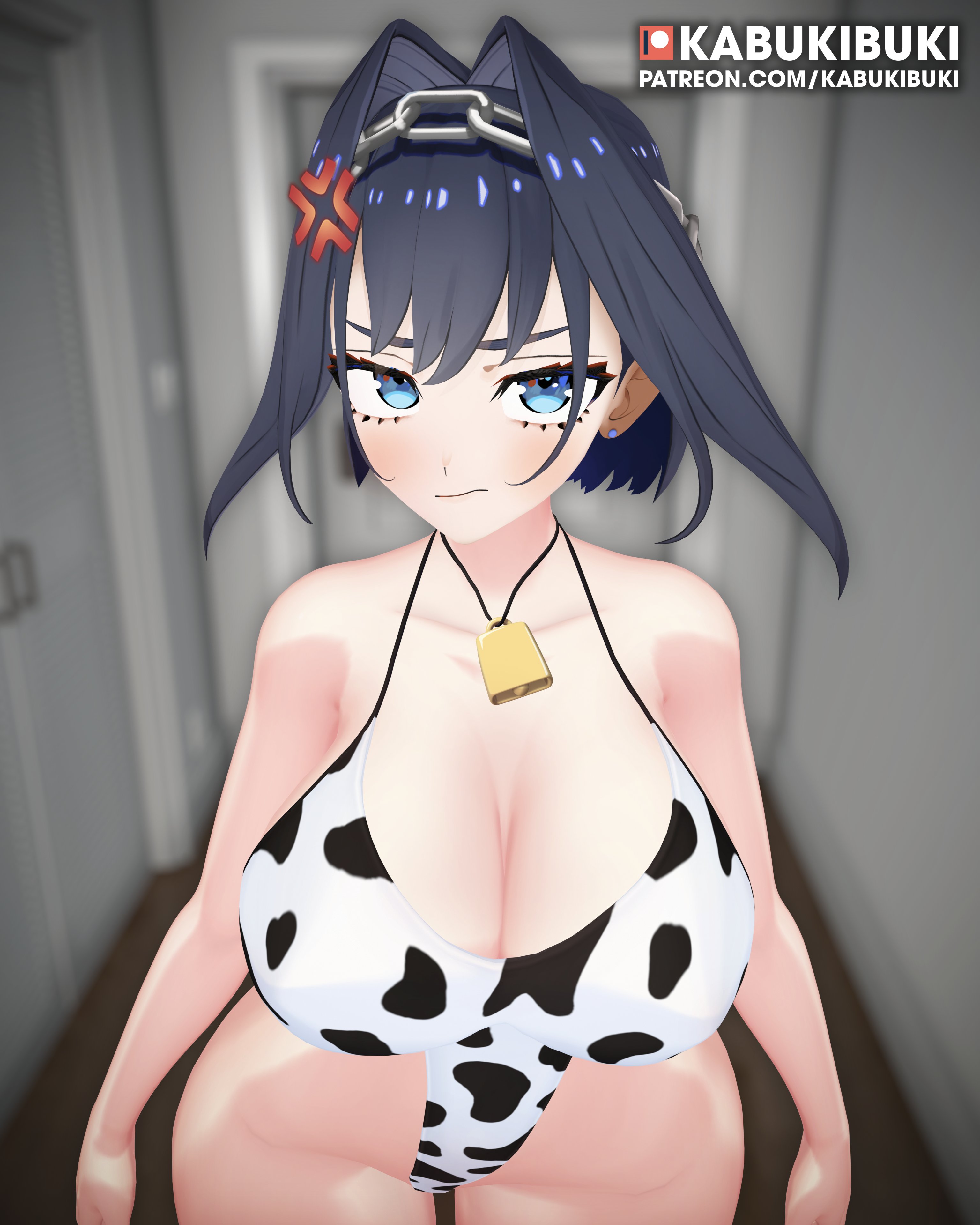 3d, annoyed, big ass, big breasts, bikini, blue hair, cow print, front view, hololive, hololive english, huge breasts, kabukibuki, large breasts, ouro kronii, tagme, thick thighs, uncomfortable, virtual youtuber