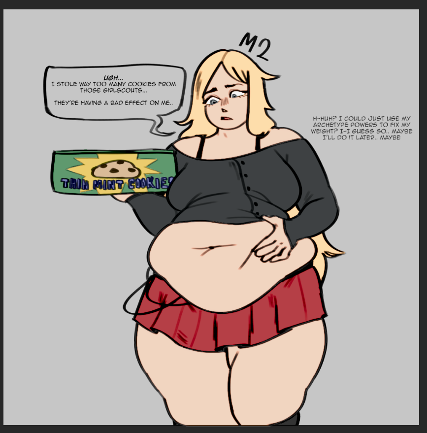 1girls, bbw, belly, belly focus, belly grab, belly overhang, big breasts, blush, blush lines, blushing, blushing female, box, breadwithketchup, breasts, breasts apart, chubby face, clothed, clothed female, colored, colored sketch, cookie, cookies, cowboy shot, dialogue, edit, edited, english dialogue, english text, exposed belly, exposed fat belly, fangame, fat, fat belly, fat female, fat legs, fat thighs, feet out of frame, female, female focus, female only, grabbing, grabbing belly, grabbing own belly, groping fat, hand on belly, hand on own belly, holding, holding box, holding cookie, holding object, legs together, long hair, long sleeves, looking at belly, looking at own belly, looking down, looking down at belly, m2 (pokemon rejuvenation), melia (pokemon rejuvenation), midriff baring shirt, muffin top, navel, nose blush, obese, obese female, outgrowing clothes, overweight, overweight female, parted hair, parted lips, pokemon, pokemon fangame, pokemon rejuvenation, short skirt, skindentation, skirt, socks, solo, speech bubble, text, thick thighs, thigh highs, thighhighs, thighs together, undersized clothes, weight conscious, weight gain, weight gain female