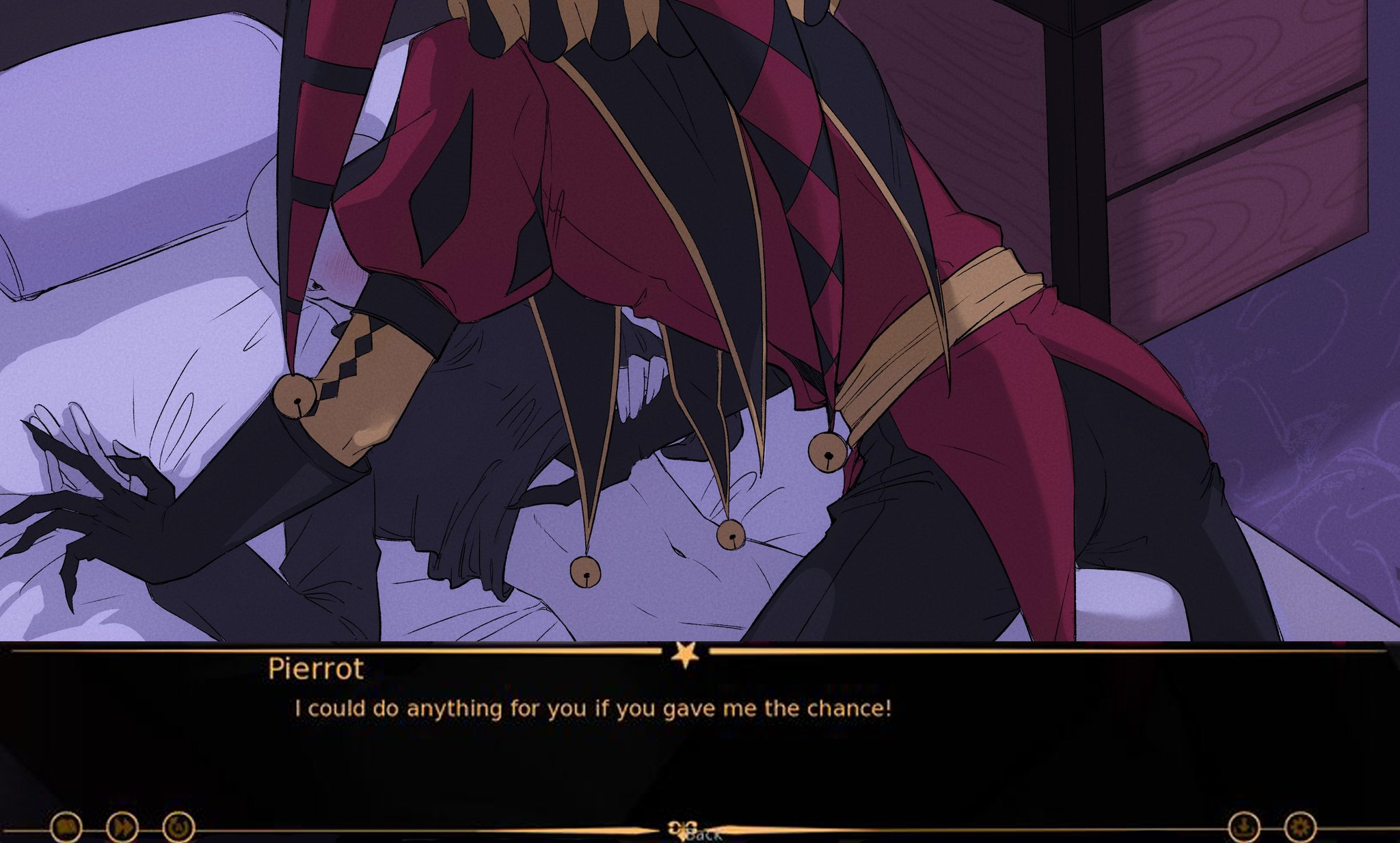 black gloves, black pants, dominant, dominant male, dominated, domination, gold belt, hand on breast, hand under clothes, hand under shirt, height difference, holding hands, monster, monster boy, monster on female, partially clothed, partially clothed female, partially nude, partially undressed, pierrot (the freak circus), pinned, pinned down, pinned to bed, red clothes, red costume, self upload, submission, submissive, submissive female, submissive human, the freak circus, y/n (your name)