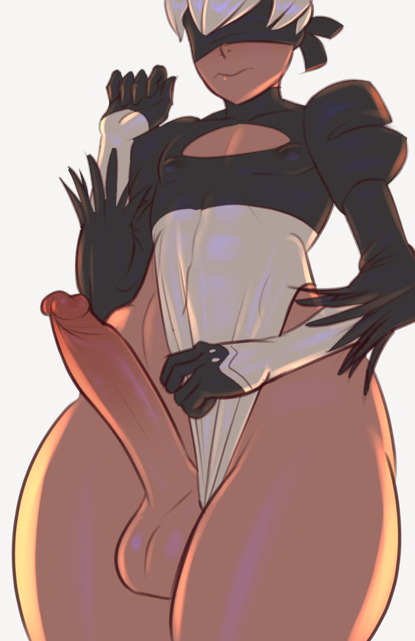 1boy, ambush (trap), balls, blindfold, cleavage cutout, crossdressing, crossplay, erection, femboy, hung trap, long penis, male, male focus, male only, nier: automata, penis, playzholder, presenting penis, solo, solo male, testicles, thick thighs, trap, white background, white hair, wide hips, yorha 2b (cosplay), yorha 9s