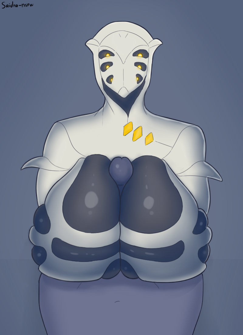 1boy, 1girls, 2d, 2d (artwork), 2d artwork, big breasts, breast squish, breasts, cleavage, cleavage overflow, female, female focus, hi res, human on humanoid, machine, male, paizuri, penis, robot, saidra, simple background, titfuck, titjob, video games, warframe, wisp (warframe)