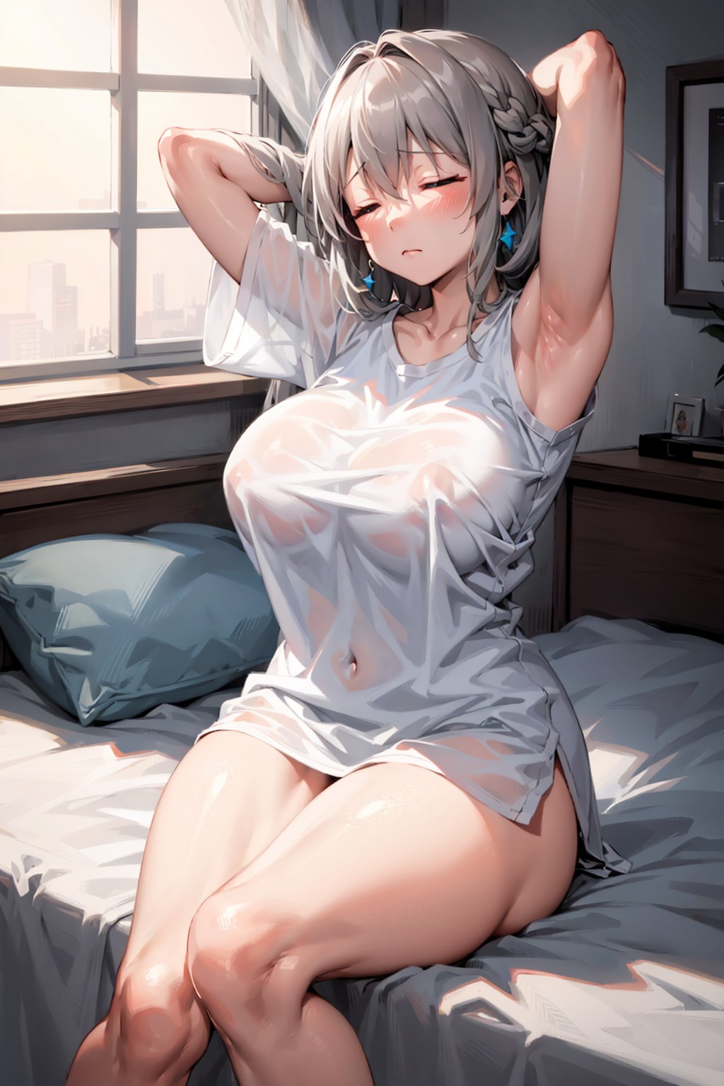 1girls, ai generated, blush, breasts, closed eyes, female, hips, huge breasts, indoors, light skin, light-skinned female, long hair, mature female, milf, mother, side ponytail, stable diffusion, t-shirt, thick thighs, thighs, uzaki tsuki, uzaki-chan wa asobitai!, white hair, wide hips