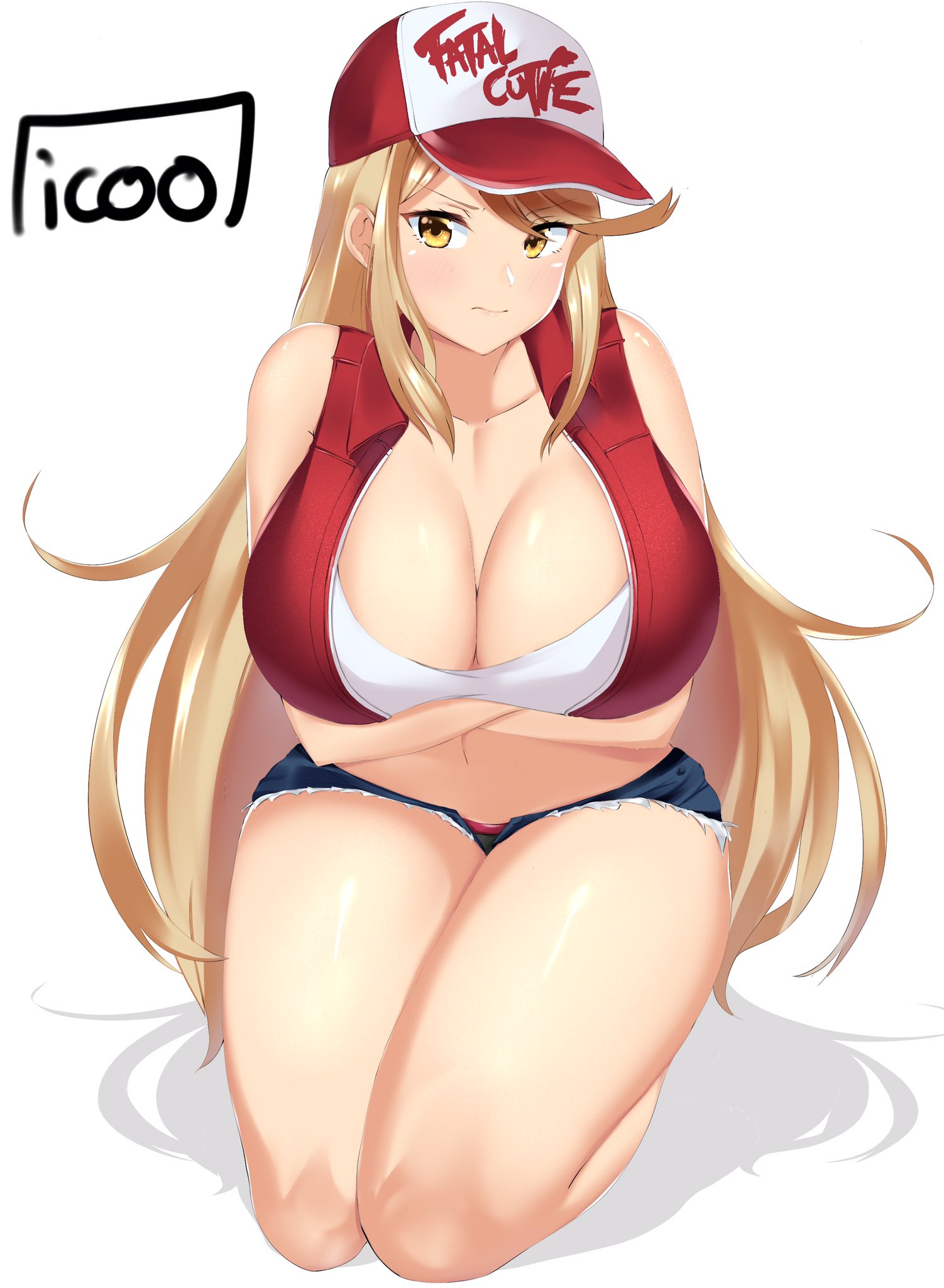 1girls, arms under breasts, big breasts, blonde hair, booty shorts, breasts, cleavage, cosplay, fatal fury, female, hat, huge breasts, icoo, large breasts, mythra, nintendo, snk heroines: tag team frenzy, terry bogard, thick thighs, uncomfortable, xenoblade (series), xenoblade chronicles 2