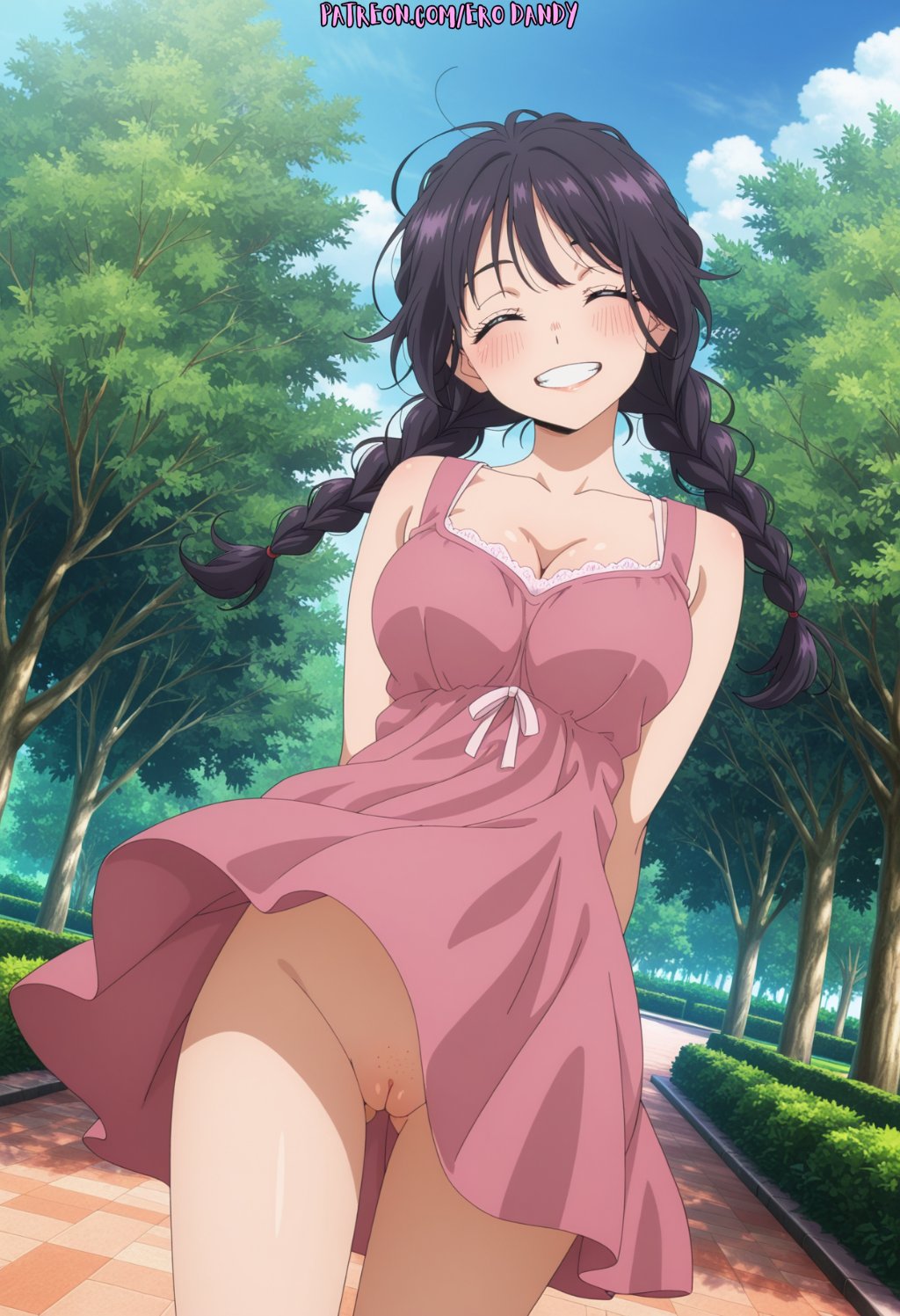 ai art, ai generated, erodandy, going commando, happy, kaoru hana wa rin to saku, kaoruko waguri, metalchromex, pubic stubble, public exposure, public indecency, public nudity, waguri kaoruko