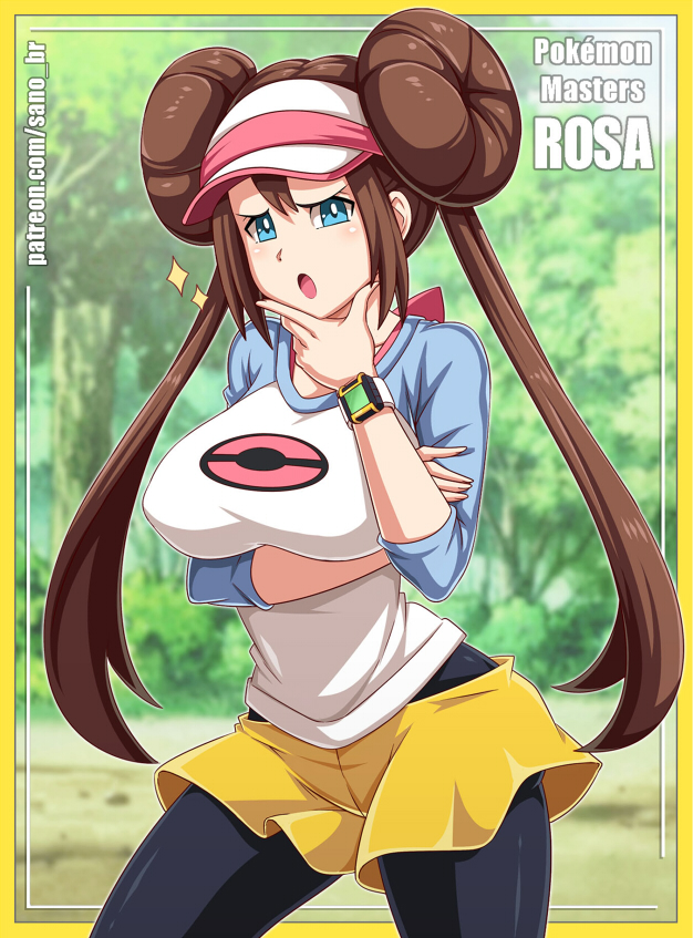 1girls, big breasts, blue eyes, breasts, brown hair, clothed, clothes, eye contact, female, female only, fully clothed, half-closed eyes, hat, huge breasts, human, large breasts, looking at viewer, meme, nintendo, outdoors, pantyhose, pantyhose under shorts, pantyhose under skirt, patreon, pokemon, pokemon bw2, pokemon masters, pose, rosa (pokemon), sano-br, shirt, shorts, skirt, solo, standing, text, thigh gap, twintails, url, watch, watermark, wide hips, yellow shorts, yellow skin, yellow skirt