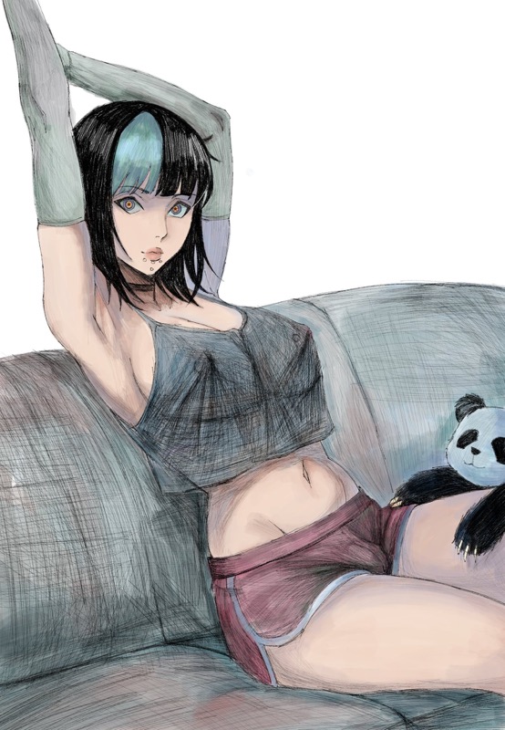 1girls, 1transfem, 2026, 2d, 2d (artwork), armpits, arms up, big breasts, black hair, blue hair, boobs, booty shorts, breasts, bulge, bulge through clothing, collar, color, couch, dolphin shorts, female, futanari, hex mamaniac, highlights (coloring), hoshi kirara, jjk, jujutsu kaisen, lips, looking at viewer, minishorts, multicolored hair, nipple bulge, nipples, nipples visible through clothing, panda (jujutsu kaisen), piercing, shorts, sitting, sketch, slim waist, tank top, thick thighs, thighs, trans woman