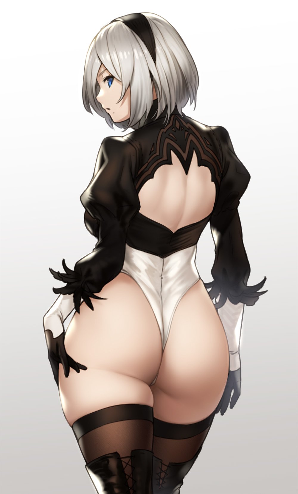 1girls, ass, big breasts, blue eyes, breasts, female, female only, houtengeki, large breasts, looking at viewer, looking back, nier, nier: automata, plain background, short hair, simple background, solo, solo female, thighhighs, white background, white hair, yorha 2b