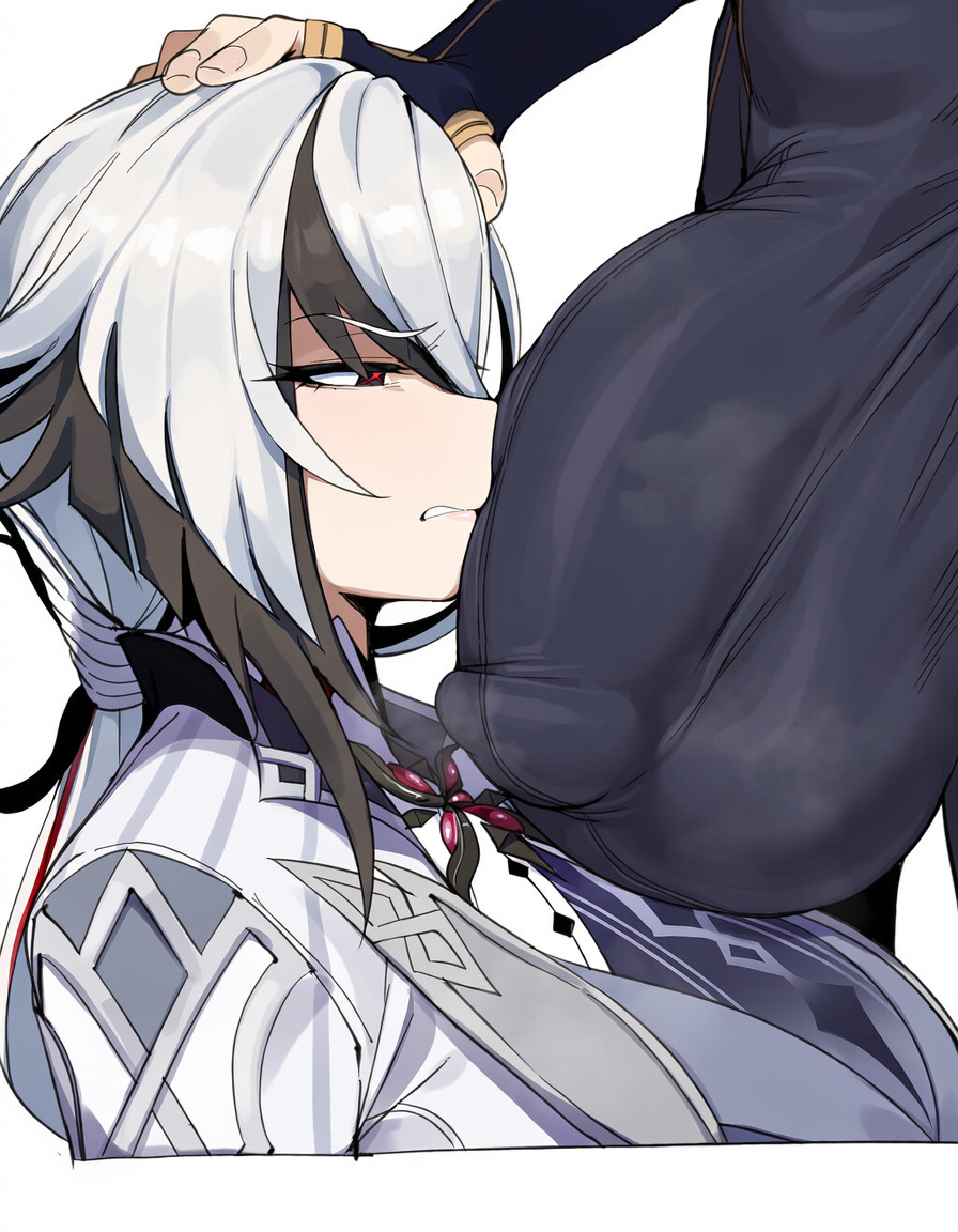 1boy, 1girls, adoptive incest, ai generated, arlecchino (genshin impact), big bulge, boner in pants, bulge, bulge through clothing, busty female, clothed, erection under clothes, face on penis, female, femboy on female, femboydom, femsub, freminet (genshin impact), genshin impact, hand on head, huge bulge, male, male/female, maledom, massive penis, sinclairgens, soft cock, straight, tomboy, visible penis, white hair