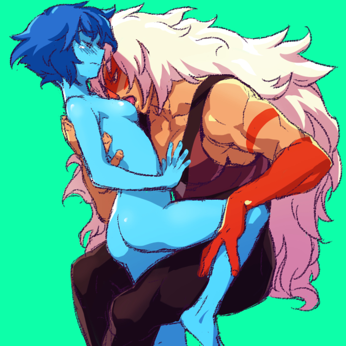 2girls, assertive, assertive female, blonde hair, blue hair, blue skin, blush, breast licking, breasts, cleavage, clothed, feet, female, female only, gem (species), green background, jasper (steven universe), lapis lazuli (steven universe), large breasts, larger female, lesbian, lesbian sex, lesbians, lezdom, lezsub, licking, licking breast, long hair, muscular, muscular arms, muscular female, neru su, nude, oral, orange skin, short hair, sitting, size difference, sketch, small breasts, smaller female, steven universe, tears, thick thighs, wide hips, yuri