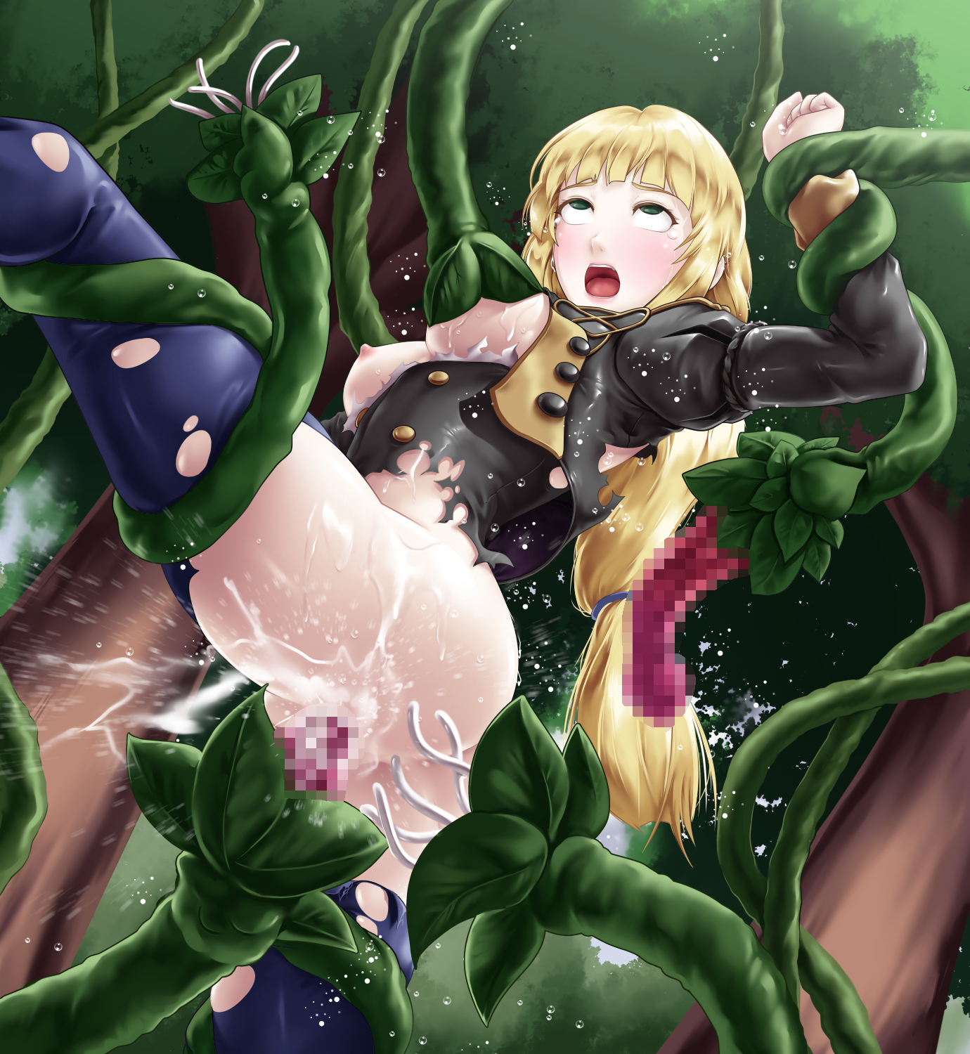 blonde hair, blush, breasts, censored, clothed sex, clothing, cum, cum in pussy, cum inside, deep rising, female, fire emblem, fire emblem: three houses, green eyes, ingrid brandl galatea, long hair, mosaic censoring, nintendo, nipples, open mouth, penetration, pussy, rape, restrained, source request, spread legs, tears, tentacle, tentacle rape, thor (deep rising), torn clothes, vaginal penetration