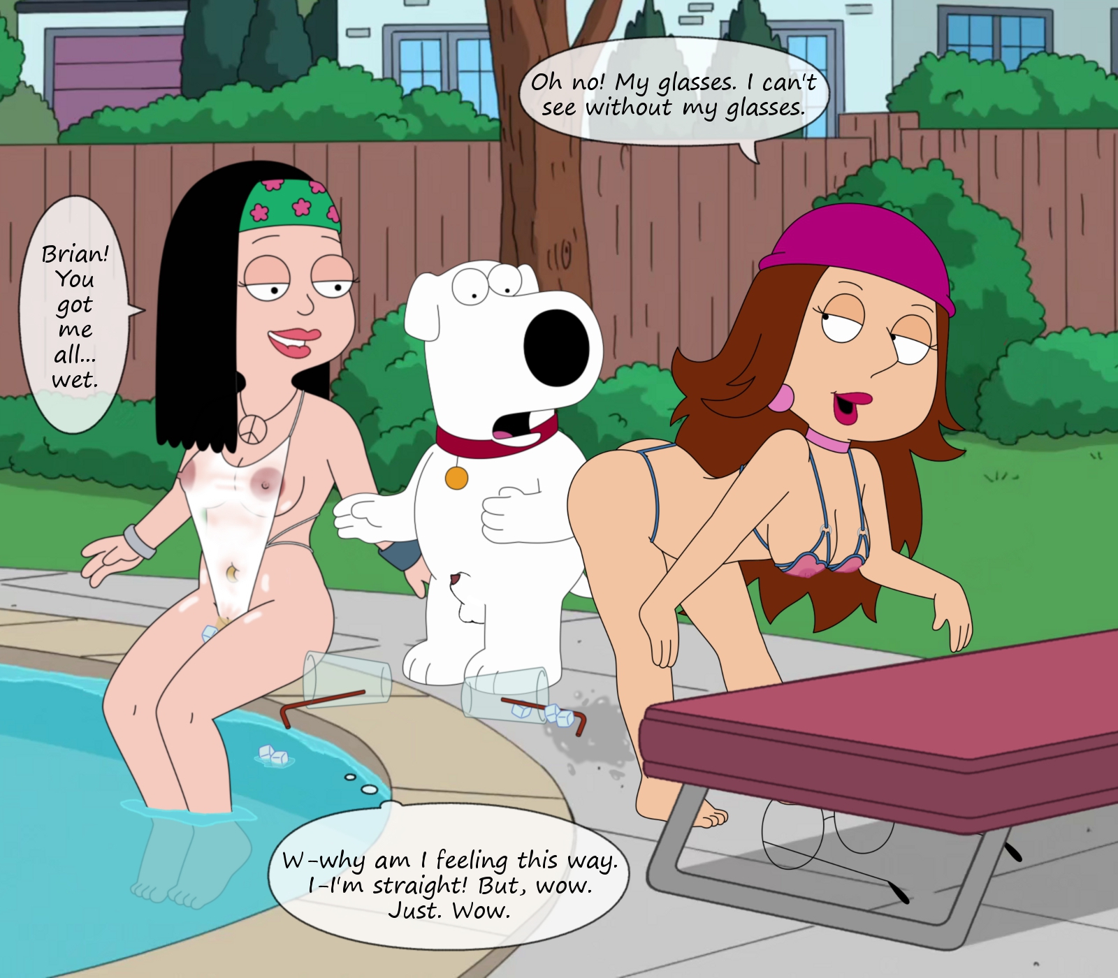 2girls, american dad, anthro, areolae, ass, bent over, bikini, black hair, black nose, breasts, brian griffin, brown hair, canid, canine, collar, crossover, english text, family guy, female, frost969, fur, furry, glasses, hayley smith, headband, ice, long hair, male, mammal, meg griffin, midriff, multiverse meg, nude, nude female, pool, sheath, swimsuit, text, translucent clothing, white fur