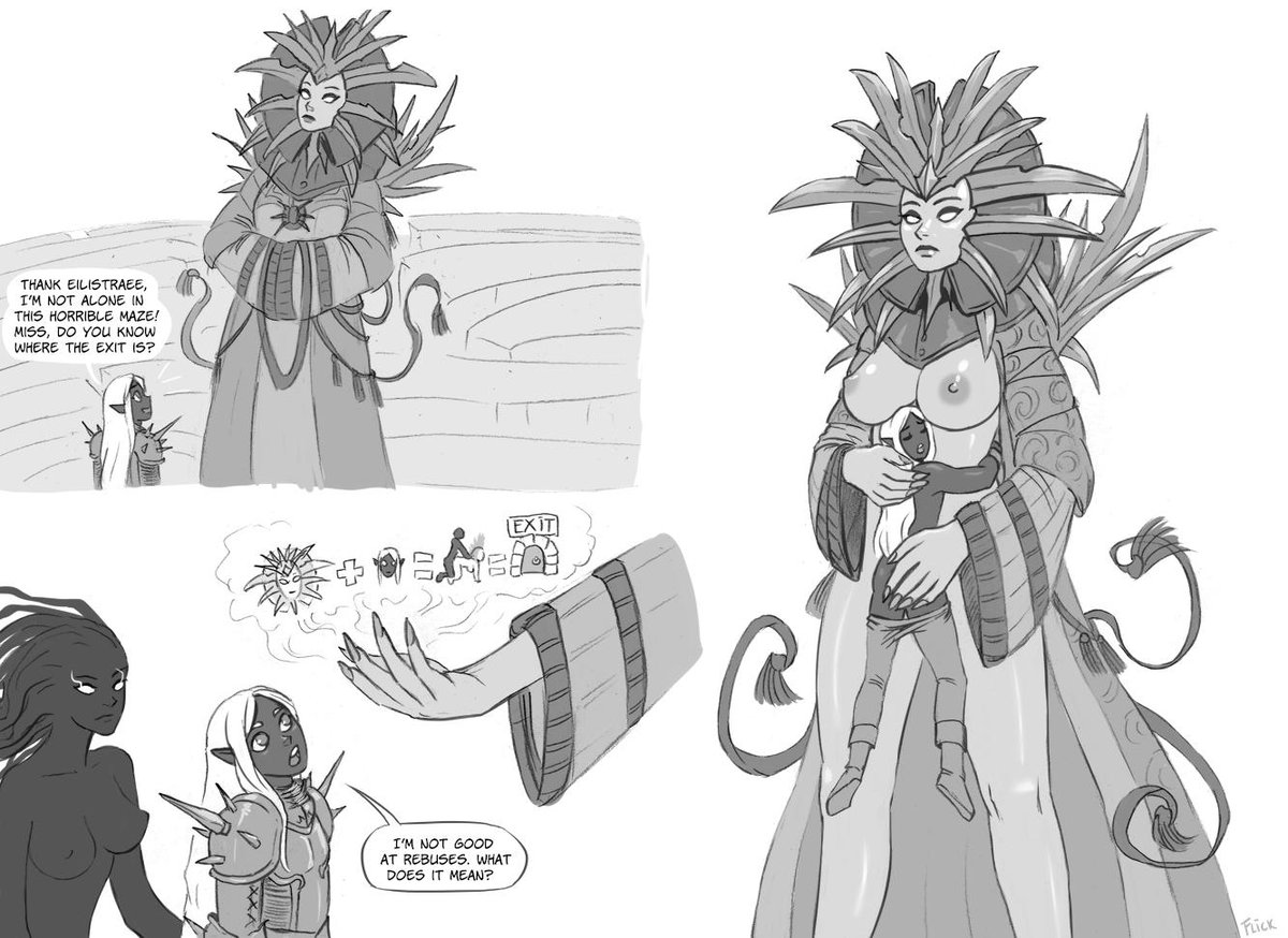 1boy, 2girls, breasts, dark elf, dark skin, dark-skinned female, dark-skinned male, deity, drow, dungeons and dragons, female, flick, forgotten realms, goddess, lady of pain, male, monochrome, monster, monster girl, nightmare waifu, nipples, pussy, size difference, the lady of pain, vaginal penetration