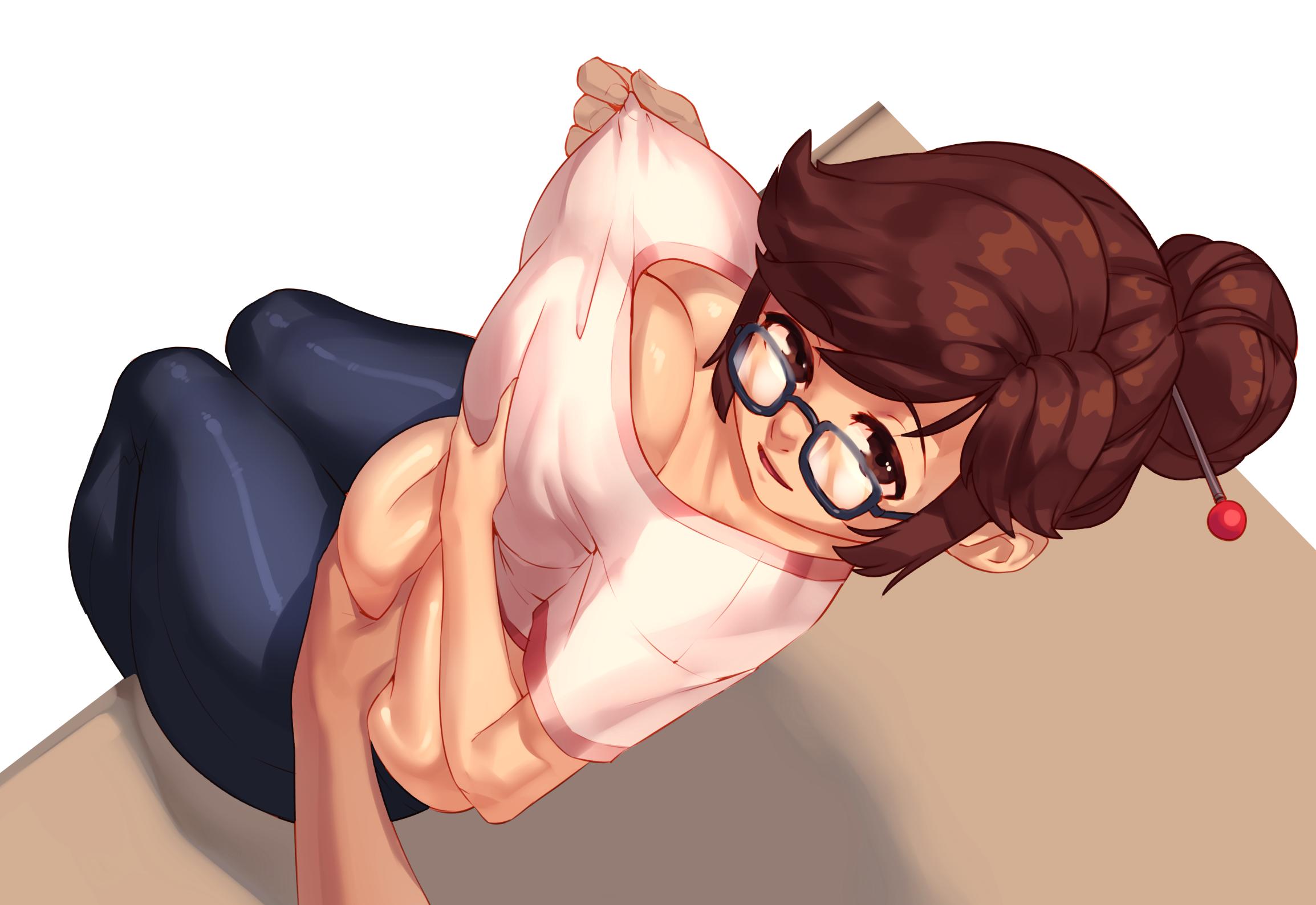 1boy, 1girls, big breasts, blizzard entertainment, borvar, breast grab, breasts, chubby, cleavage, curvaceous, curvy, cute, female, female focus, glasses, hair bun, large breasts, looking at viewer, looking back, male, mei (overwatch), nipple tweak, overwatch, sitting, stomach, thick thighs
