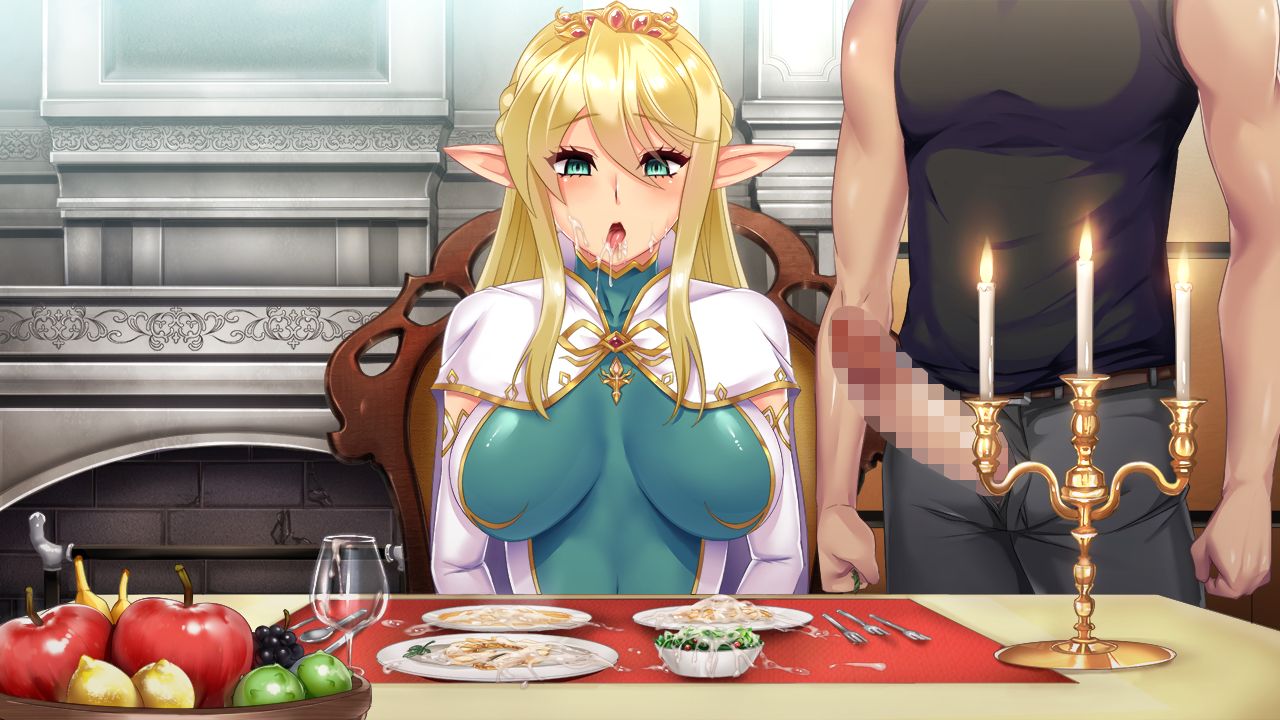 1boy 1girls almia_agraliel apple big_breasts blonde_hair blush breasts busty candle censored confusion crown cum cum_in_container cum_in_cup cum_in_glass cum_on_food dress eating elf elf_ears faceless_male female food food_play fork fruit fruit_bowl game_cg gloves jewelry knife kyonyuu_elf_oyako_saimin large_breasts licking licking_cum licking_lips lune male male_human/female_elf mosaic_censoring muscular_male penis penis_out pointy_ears princess royalty sitting white_gloves