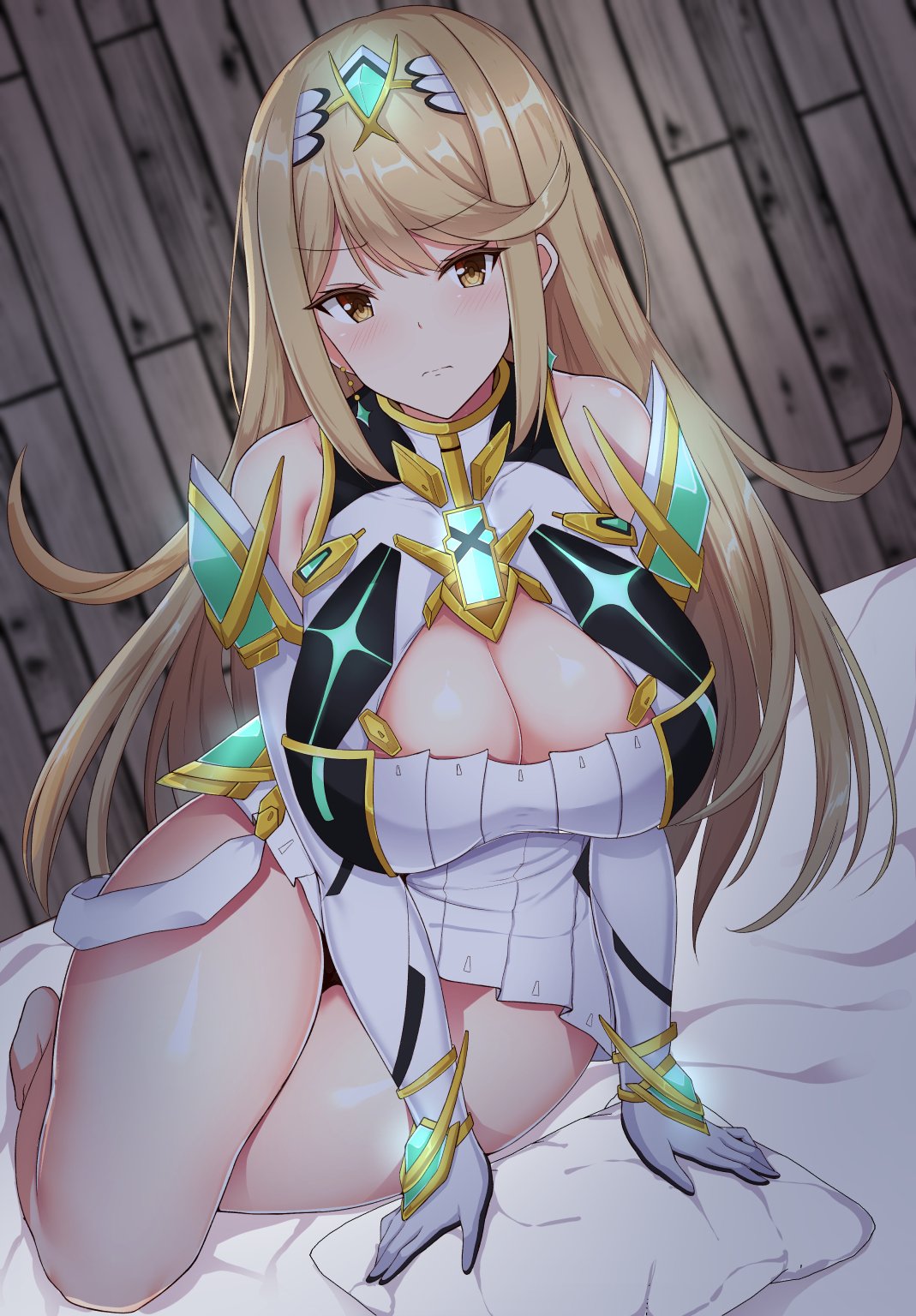 1girls, armor, bangs, bed, blonde hair, breasts, cleavage, cleavage cutout, covered navel, earrings, female, gem, gloves, headpiece, highres, jewelry, large breasts, looking at viewer, mythra, mythra (xenoblade), nintendo, noeomi, shoulder armor, simple background, solo, swept bangs, thigh strap, tiara, xenoblade (series), xenoblade chronicles 2, yellow eyes