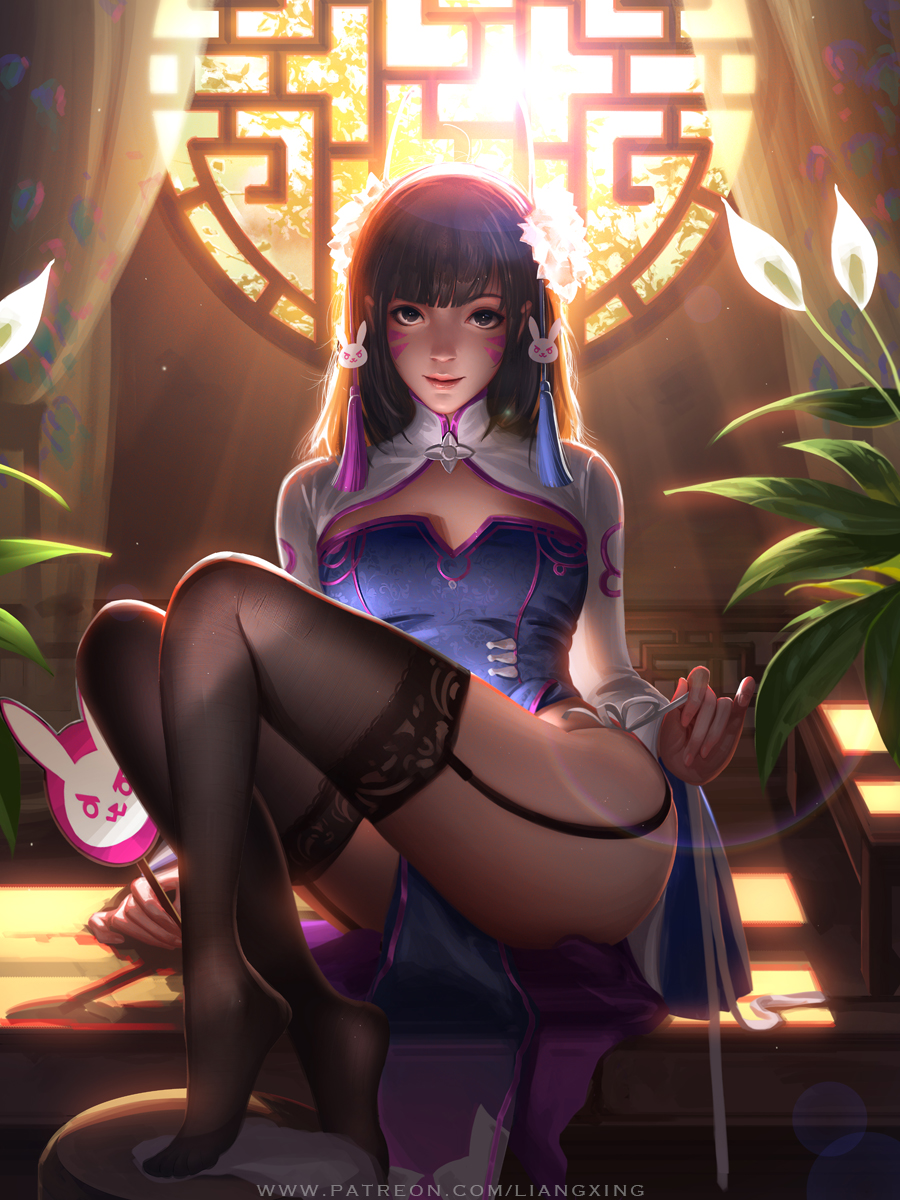 brown eyes, clothed, clothing, d.va, facing viewer, feet, female, liang xing, overwatch, stockings