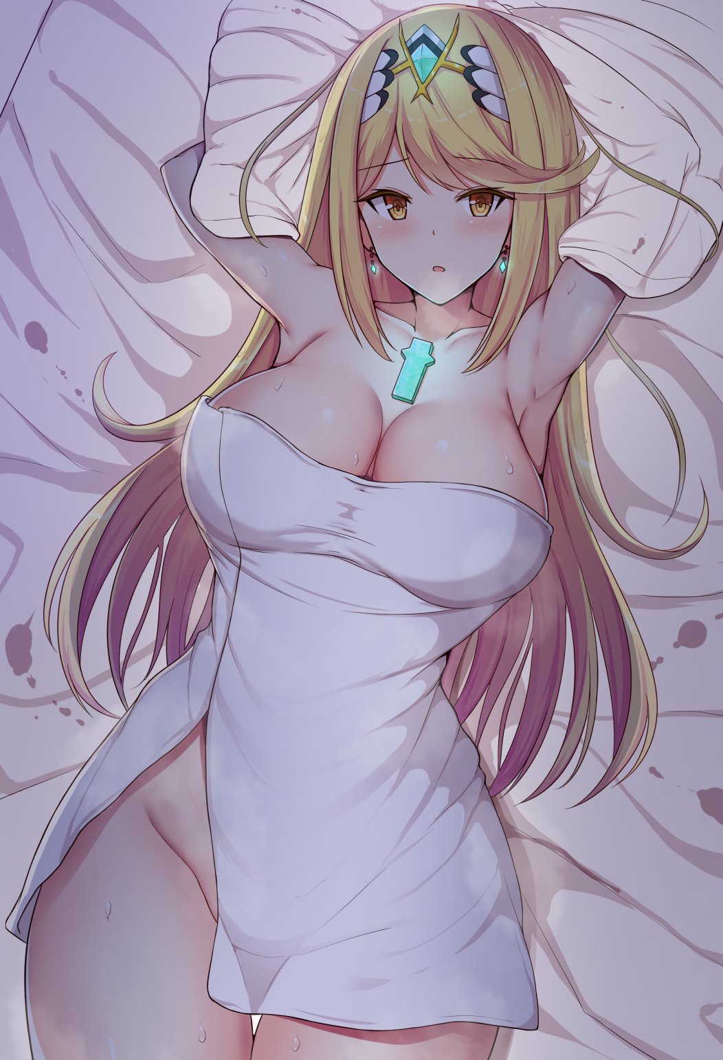1girls, arms up, bangs, bed, bed sheet, blonde hair, blush, breasts, cleavage, earrings, eyebrows visible through hair, female, gem, glowing, hair ornament, headpiece, highres, jewelry, large breasts, long hair, looking at viewer, lying, mythra, mythra (xenoblade), night, nintendo, noeomi, open mouth, shy, solo, swept bangs, thighs, tiara, towel, very long hair, wet, xenoblade (series), xenoblade chronicles 2, yellow eyes