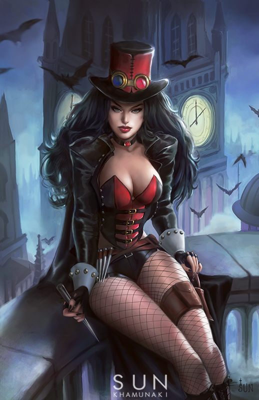 1girls bat bats belt big_ben big_breasts black_hair black_jacket black_shorts blue_eyes breasts busty clock_tower corset eyeshadow fairy_tales female female_only fishnet fishnet_stockings fishnet_thighhighs fishnets goggles grimm_fairy_tales_zenescope grimms'_fairy_tales hat human jacket large_breasts liesel_van_helsing lipstick london long_hair makeup mascara night pinup pouch red_lips red_lipstick short_shorts shorts solo stake steampunk sun_khamunaki thighs top_hat zenescope