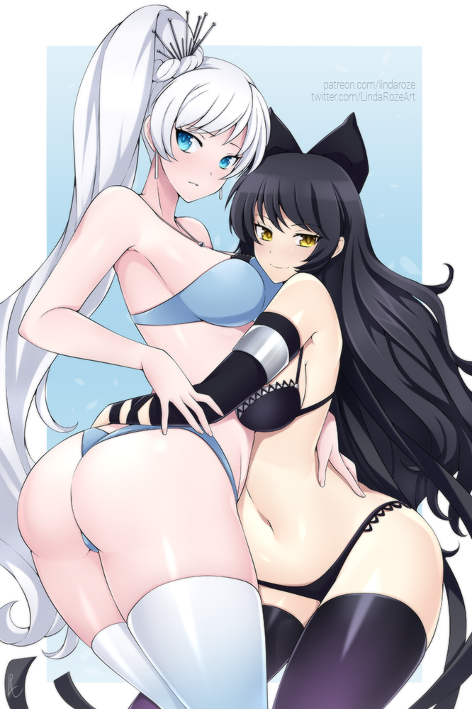2girls, ass, black bra, black hair, black panties, blake belladonna, blue bra, blue eyes, blue panties, bow, breasts, female, female only, lindaroze, long hair, looking back, multiple females, multiple girls, ponytail, rwby, thick thighs, weiss schnee, white hair, yellow eyes