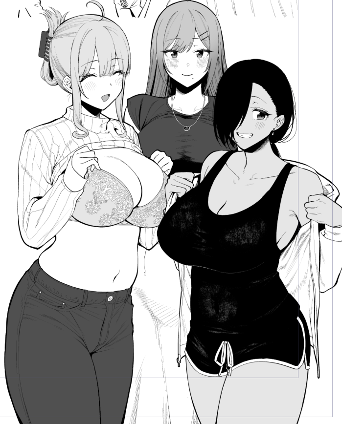 3girls, ahoge, amano don, big breasts, breasts, female, female only, hairclip, happy, lace-trimmed bra, monochrome, smile, tagme, undressing
