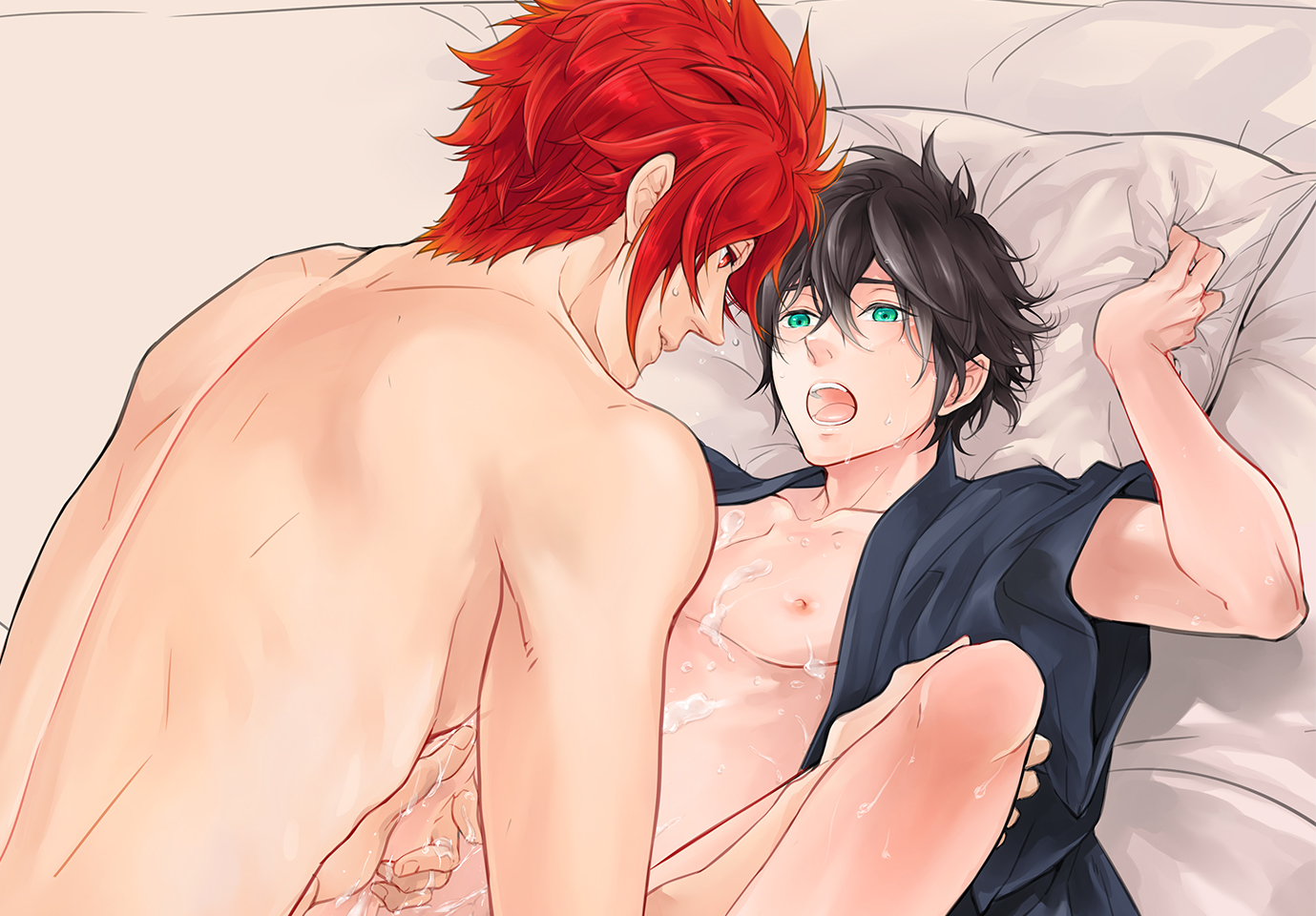 2boys, anal, anal sex, aqua eyes, artist request, black hair, cum, cum on body, cum on self, cumming, gay, green eyes, iwatani naofumi, l'arc berg, leg grab, leg lift, leg up, male, male only, male penetrating, masturbation, muscles, open mouth, penetration, penis, penis grab, precum, red eyes, red hair, sex, sweat, tagme, tate no yuusha no nariagari, yaoi